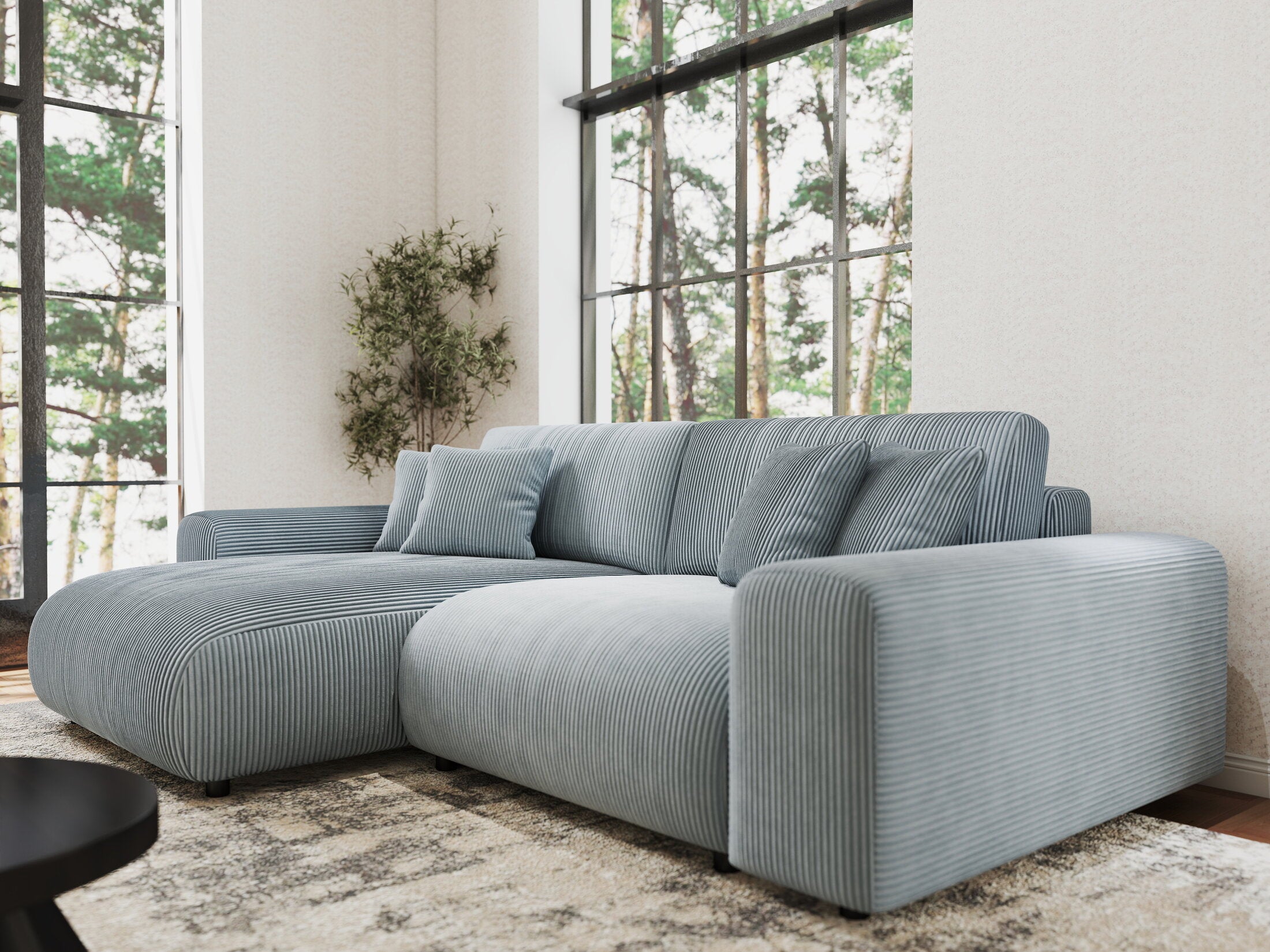 Colțar extensibil dumonde cu ladă de depozitare si sezut confortabil din spuma HR, Sarina Zoom Gri Mint 255x168 cm