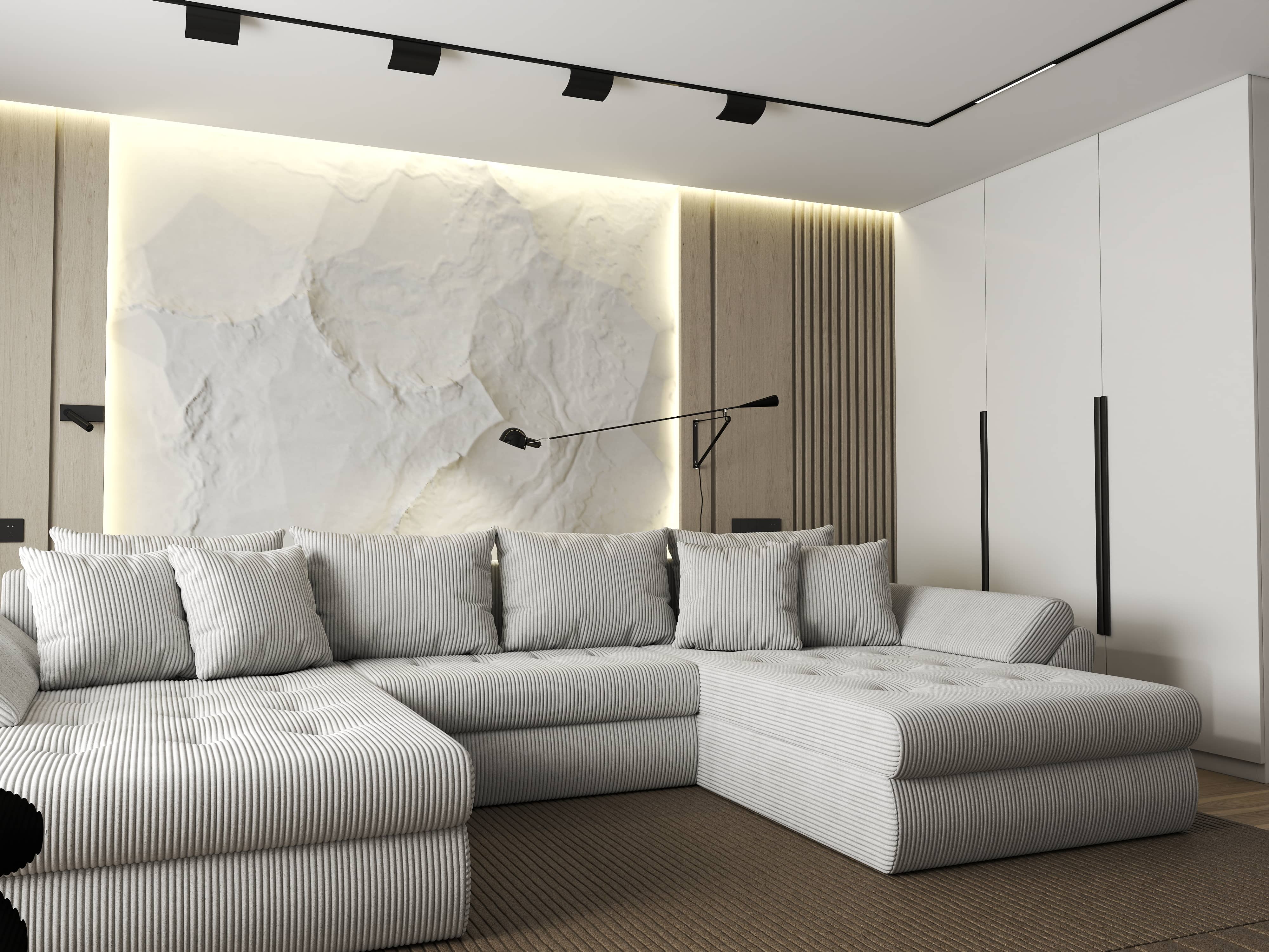 Colțar extensibil dumonde cu ladă de depozitare si sezut confortabil din spuma HR, Loana U Zoom Cream 355x185 cm Fabrica