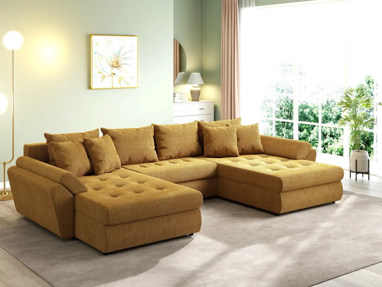 Colțar extensibil dumonde cu ladă de depozitare si sezut confortabil din spuma HR, Loana U Zoom Mustar 355x185 cm Fabrica