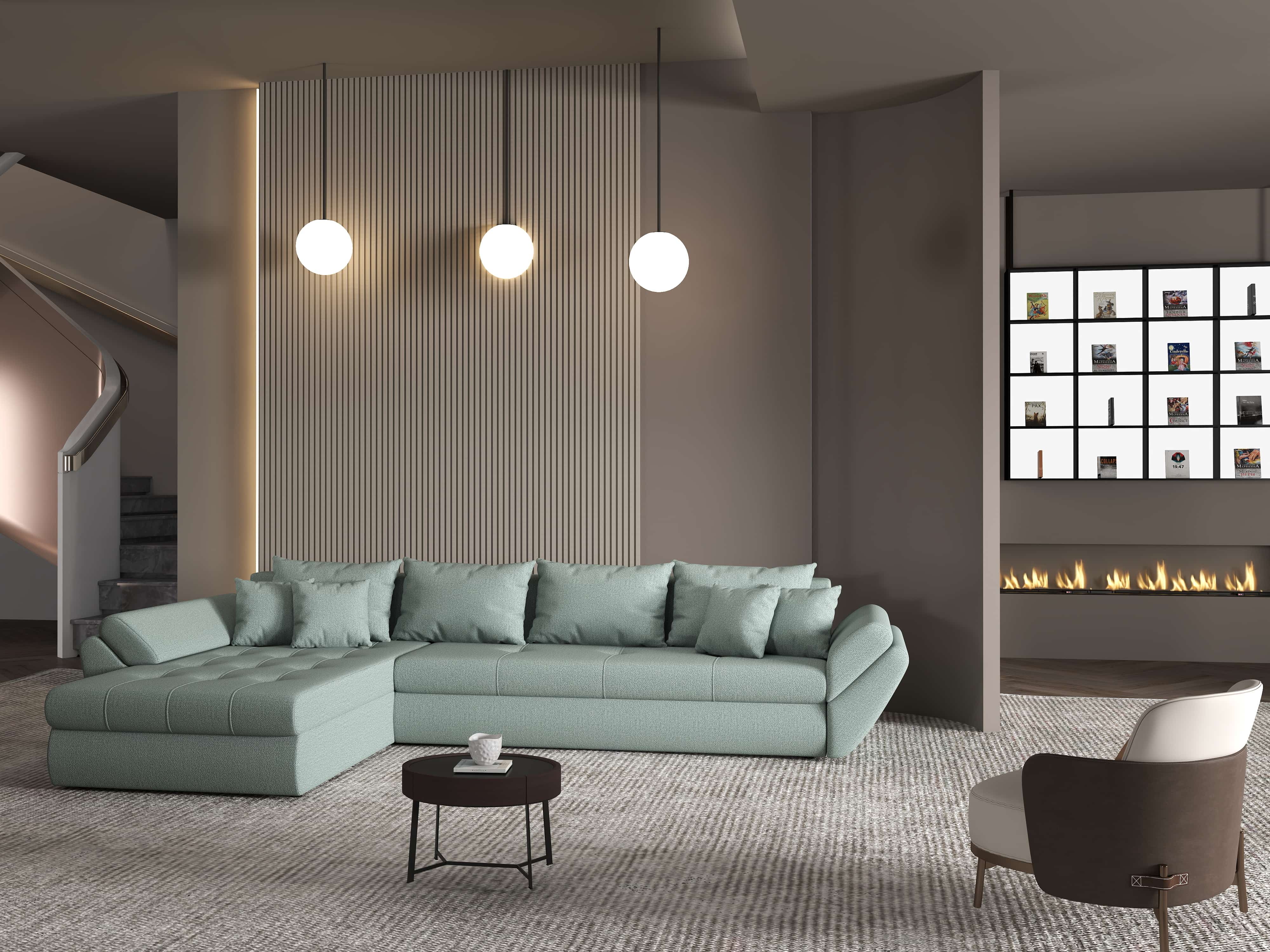 Colțar extensibil dumonde cu ladă de depozitare si sezut confortabil din spuma HR, Loana XL Enjoy Mint 335x185 cm Fabrica