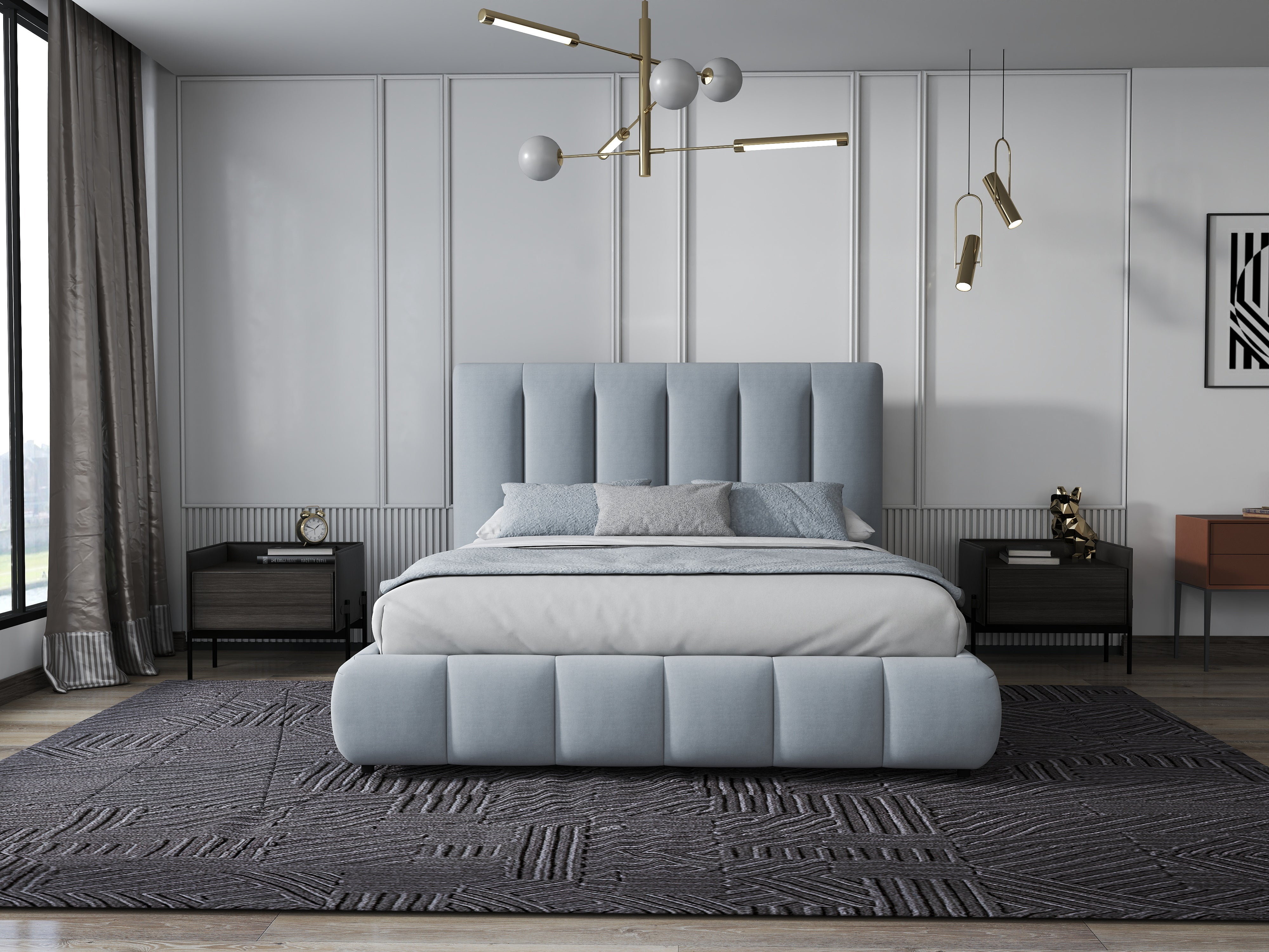 Pat dormitor dumonde, tapitat gri, Divaneo 160x200 cm, somiera rabatabila inclusa, spatiu depozitare WLS