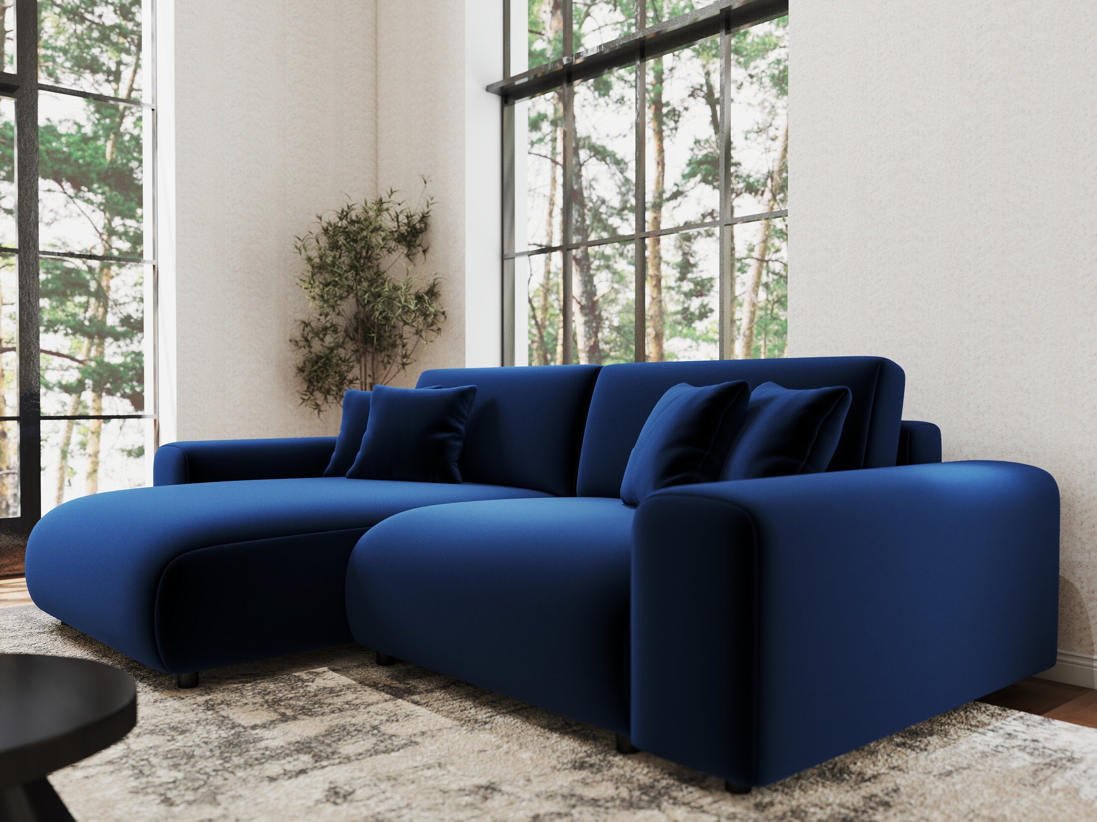 Colțar extensibil dumonde cu ladă de depozitare si sezut confortabil din spuma HR, Sarina Royal Albastru Navy 255x168 cm