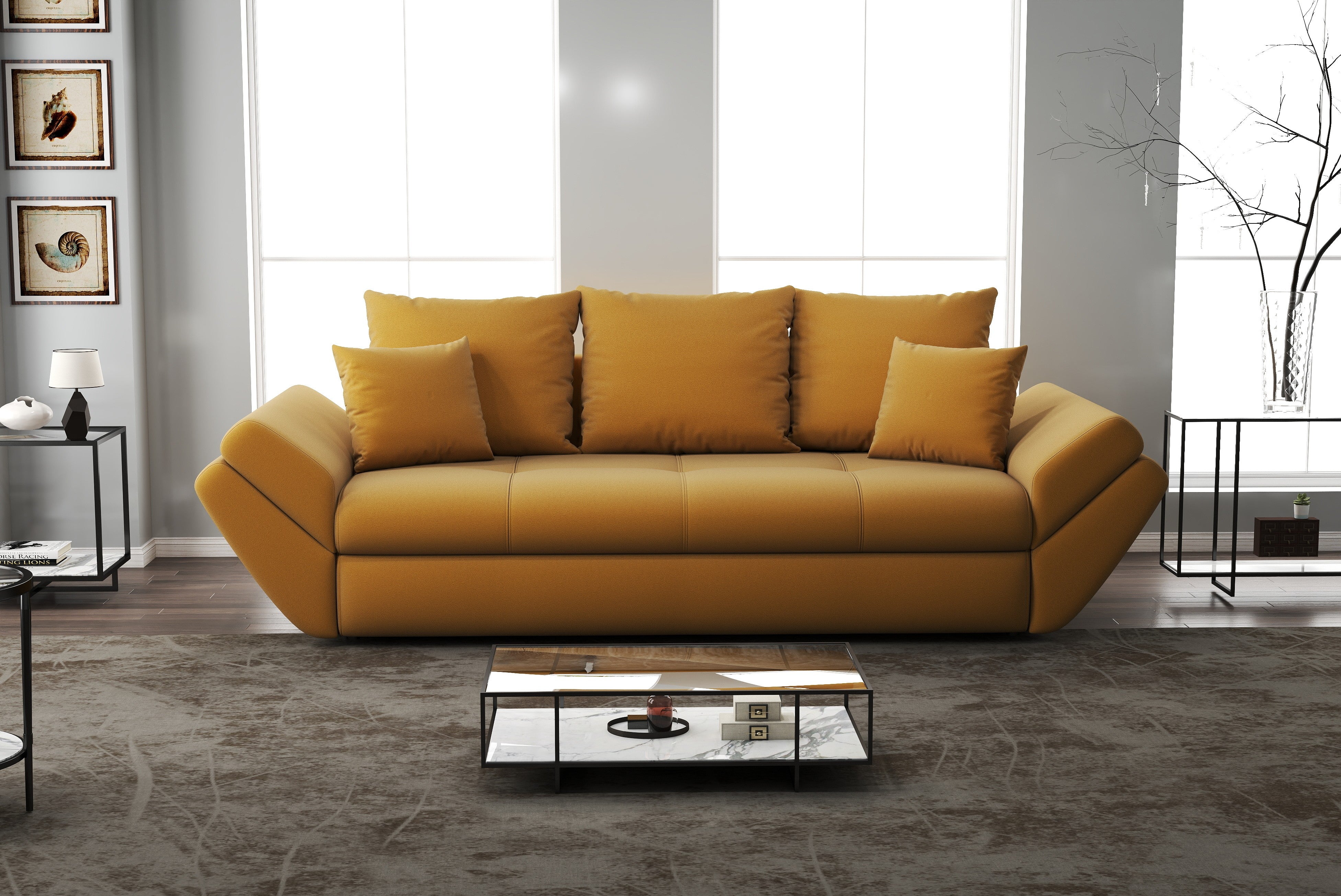 Canapea extensibilă dumonde cu ladă de depozitare si sezut confortabil din spuma HR, Loana Royal Mustar 250x100 cm Fabrica