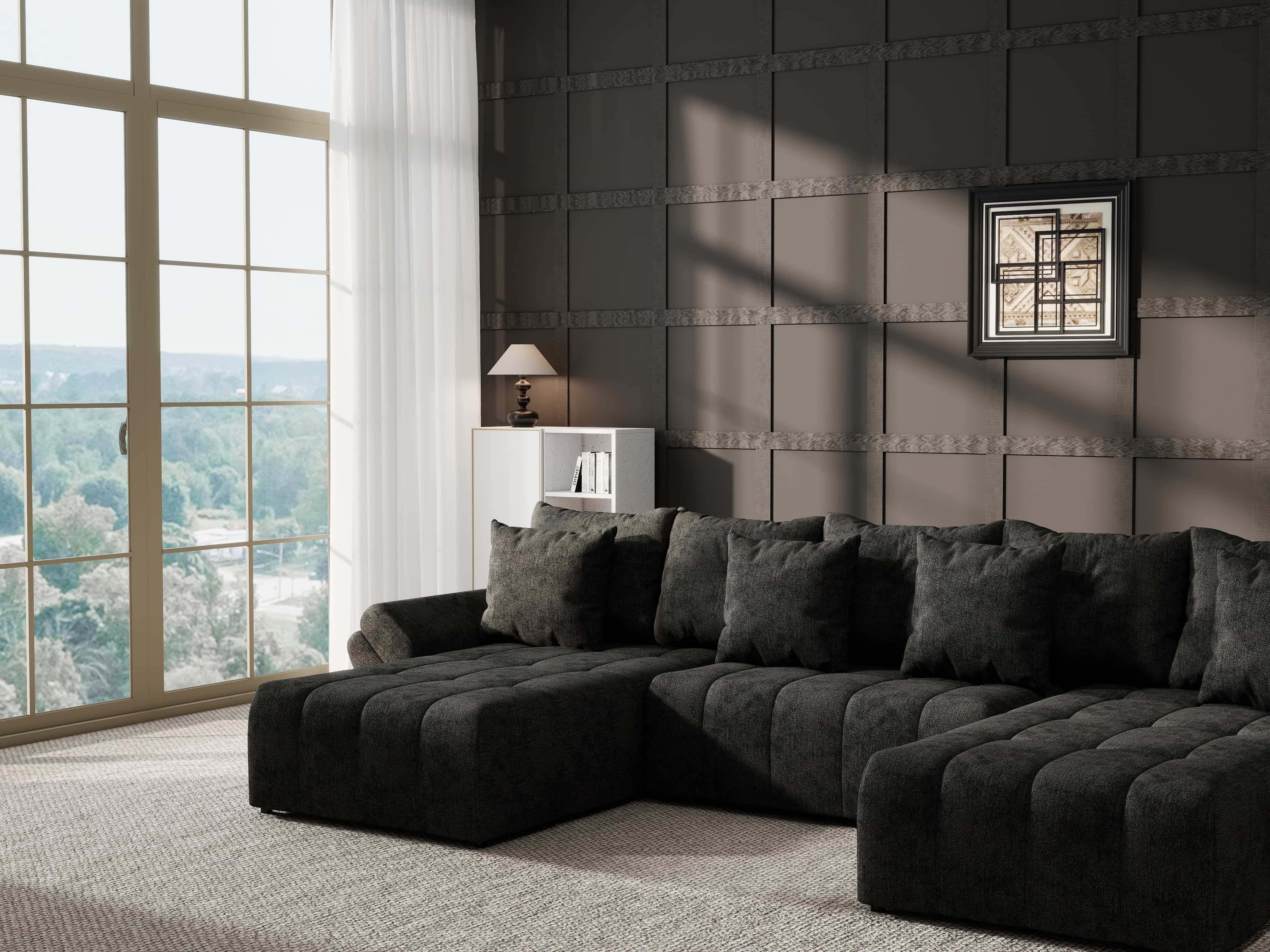 Colțar extensibil dumonde cu ladă de depozitare si sezut confortabil din spuma HR, Berlin U Enjoy Black 380x180 cm Fabrica