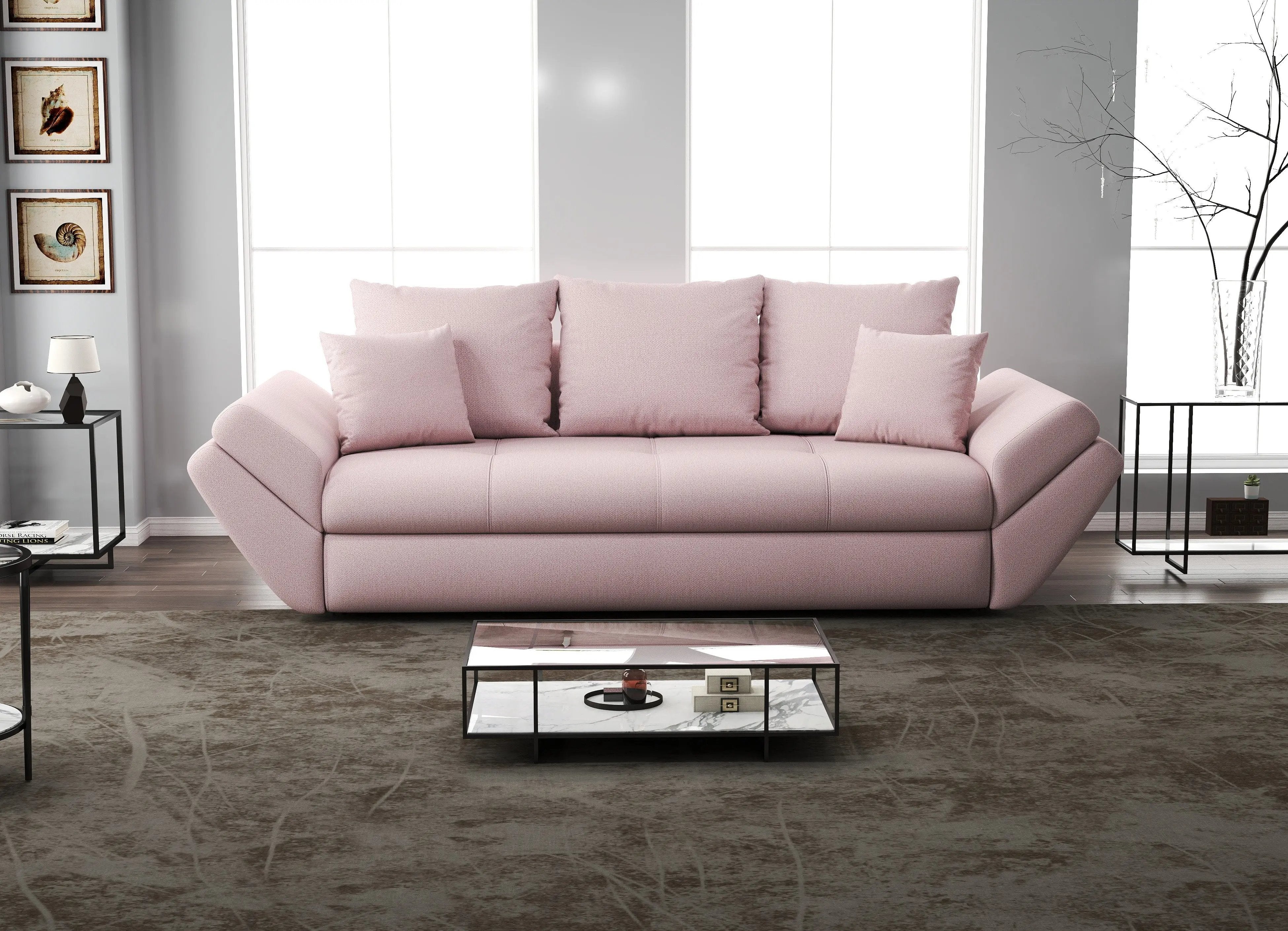 Canapea extensibilă dumonde cu ladă de depozitare si sezut confortabil din spuma HR, Loana Enjoy Flamingo 250x100 cm Fabrica