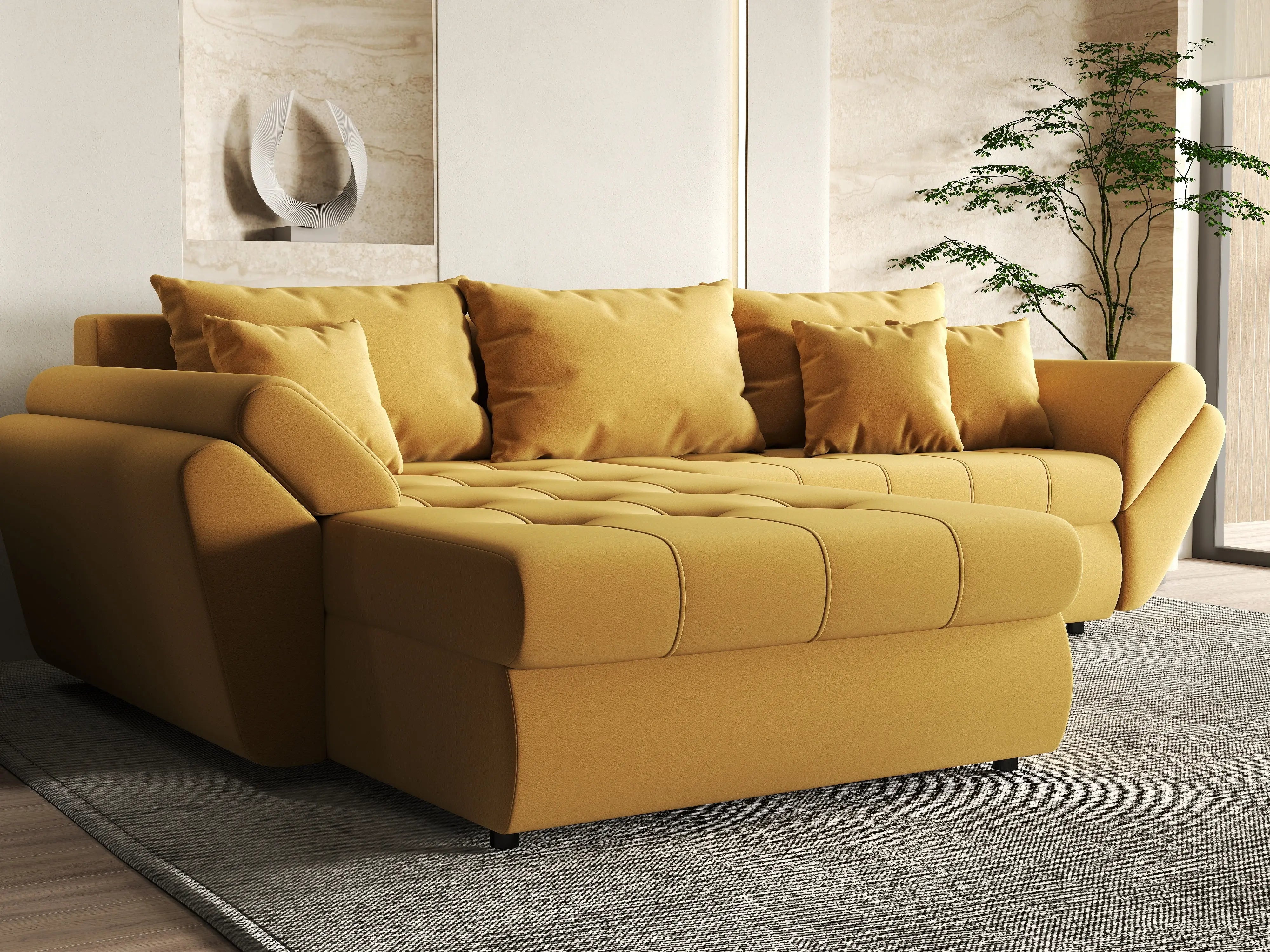 Colțar extensibil dumonde cu ladă de depozitare si sezut confortabil din spuma HR, Loana Muștar 270x185 cm Fabrica