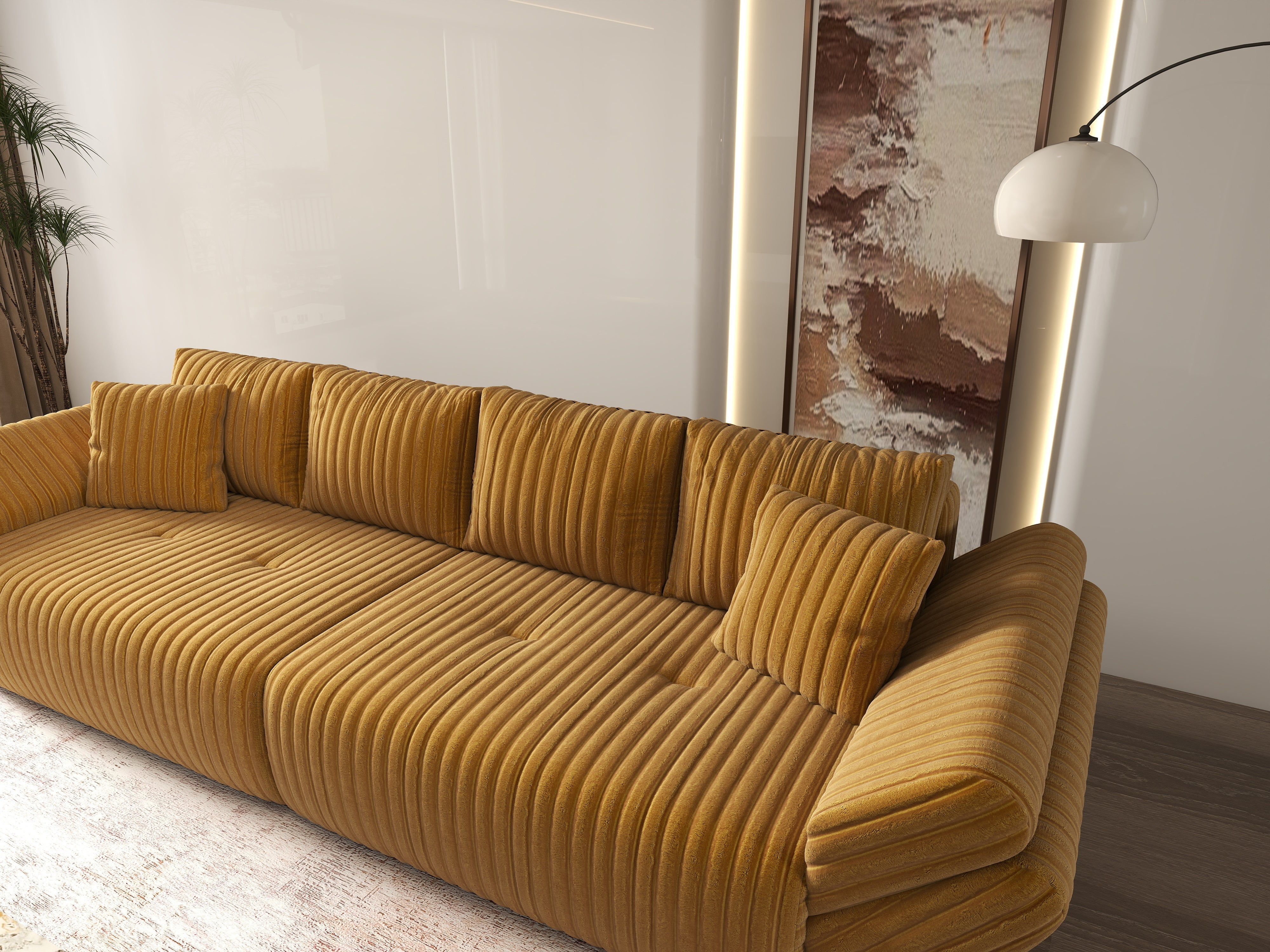 Canapea extensibilă dumonde cu ladă de depozitare si sezut confortabil din spuma HR, Berlin Ambience Mustar 300x100 cm Fabrica