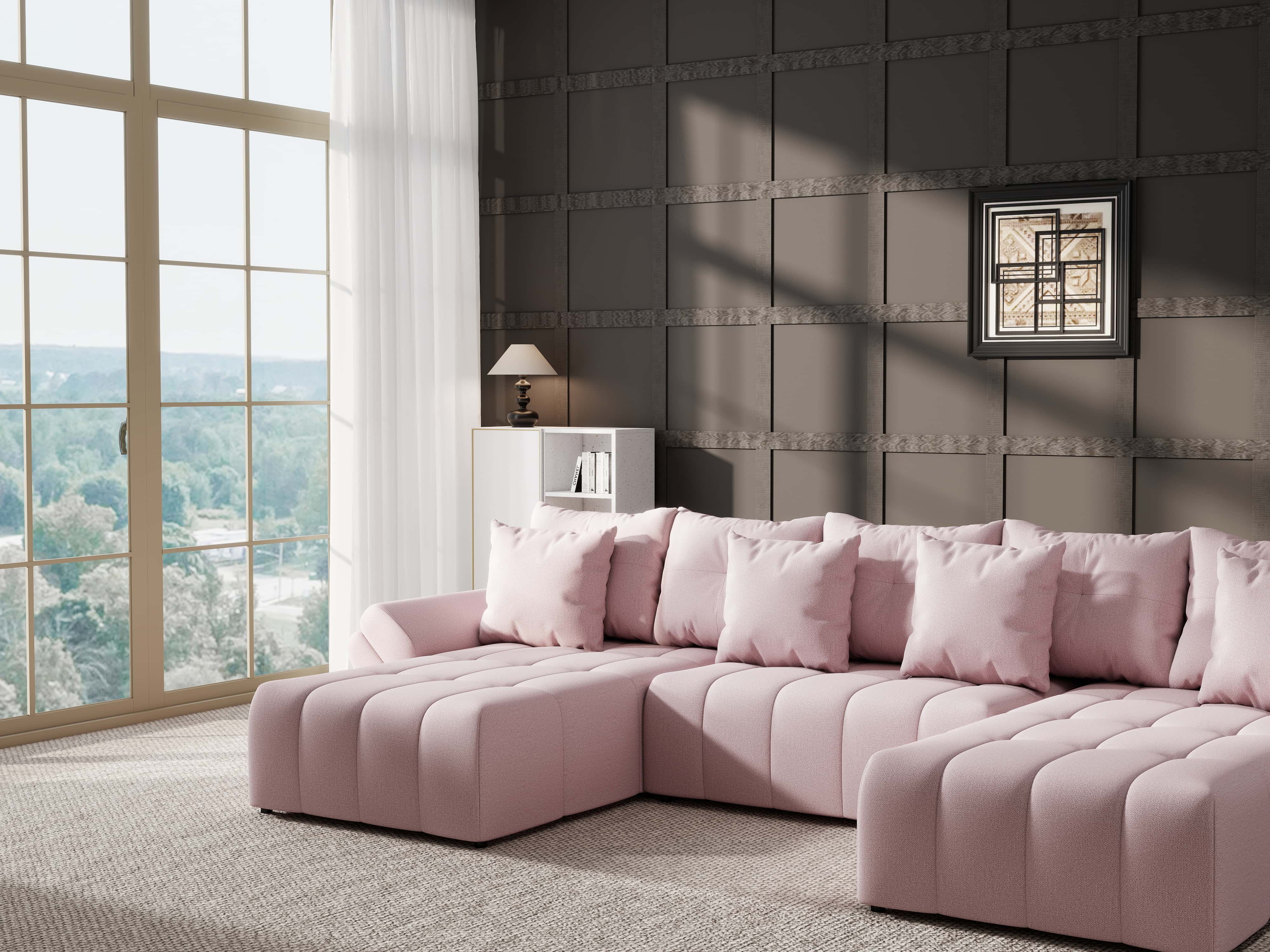 Colțar extensibil dumonde cu ladă de depozitare si sezut confortabil din spuma HR, Berlin U Enjoy Flamingo 380x180 cm Fabrica