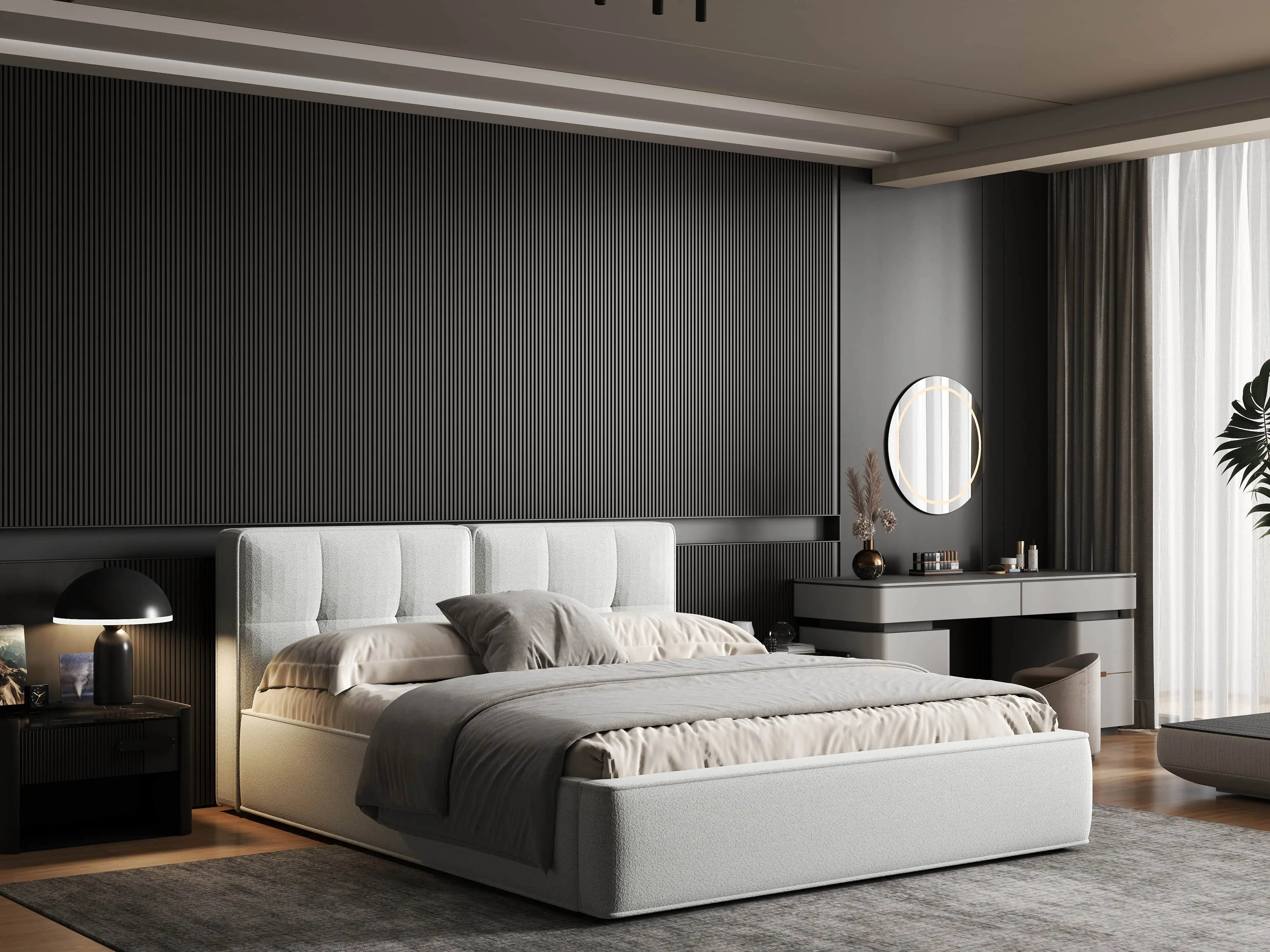 Pat dormitor dumonde, tapitat alb, Madrid 160x200 cm, somiera rabatabila inclusa, spatiu depozitare WLS