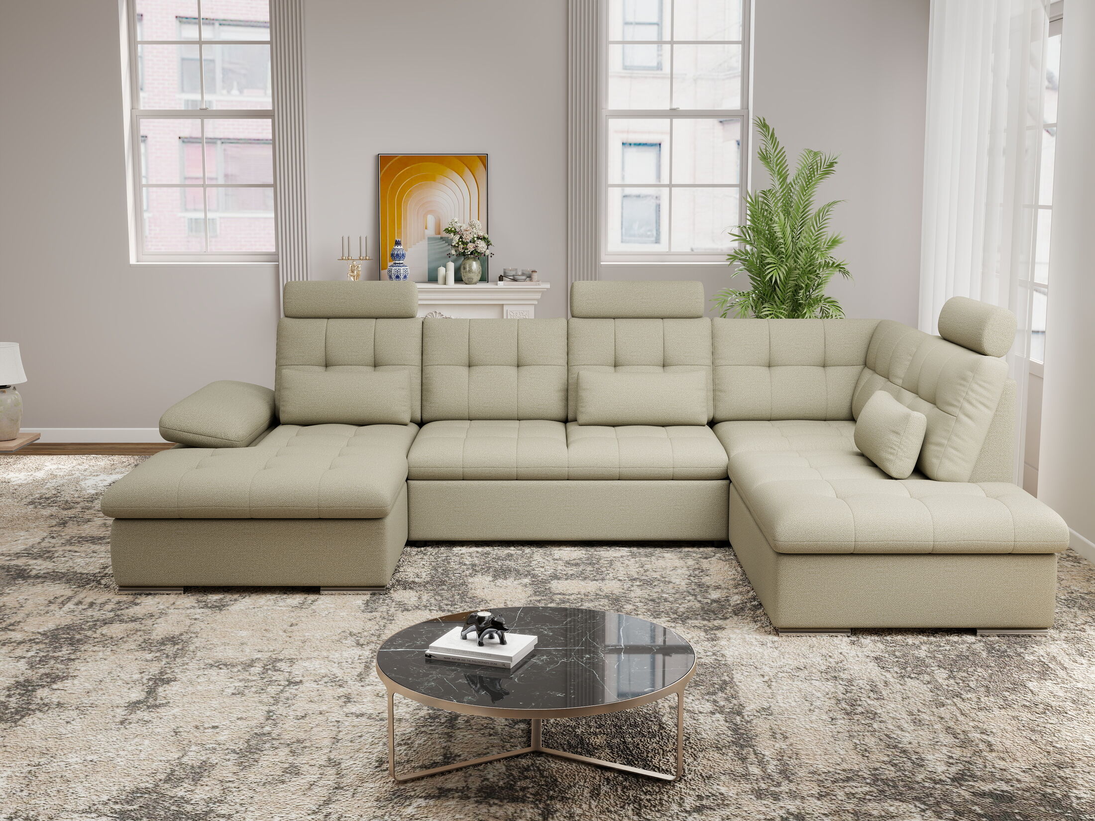 Colțar extensibil dumonde cu ladă de depozitare și șezut confortabil din spumă HR, Merkur U Enjoy Bej 324x218 cm