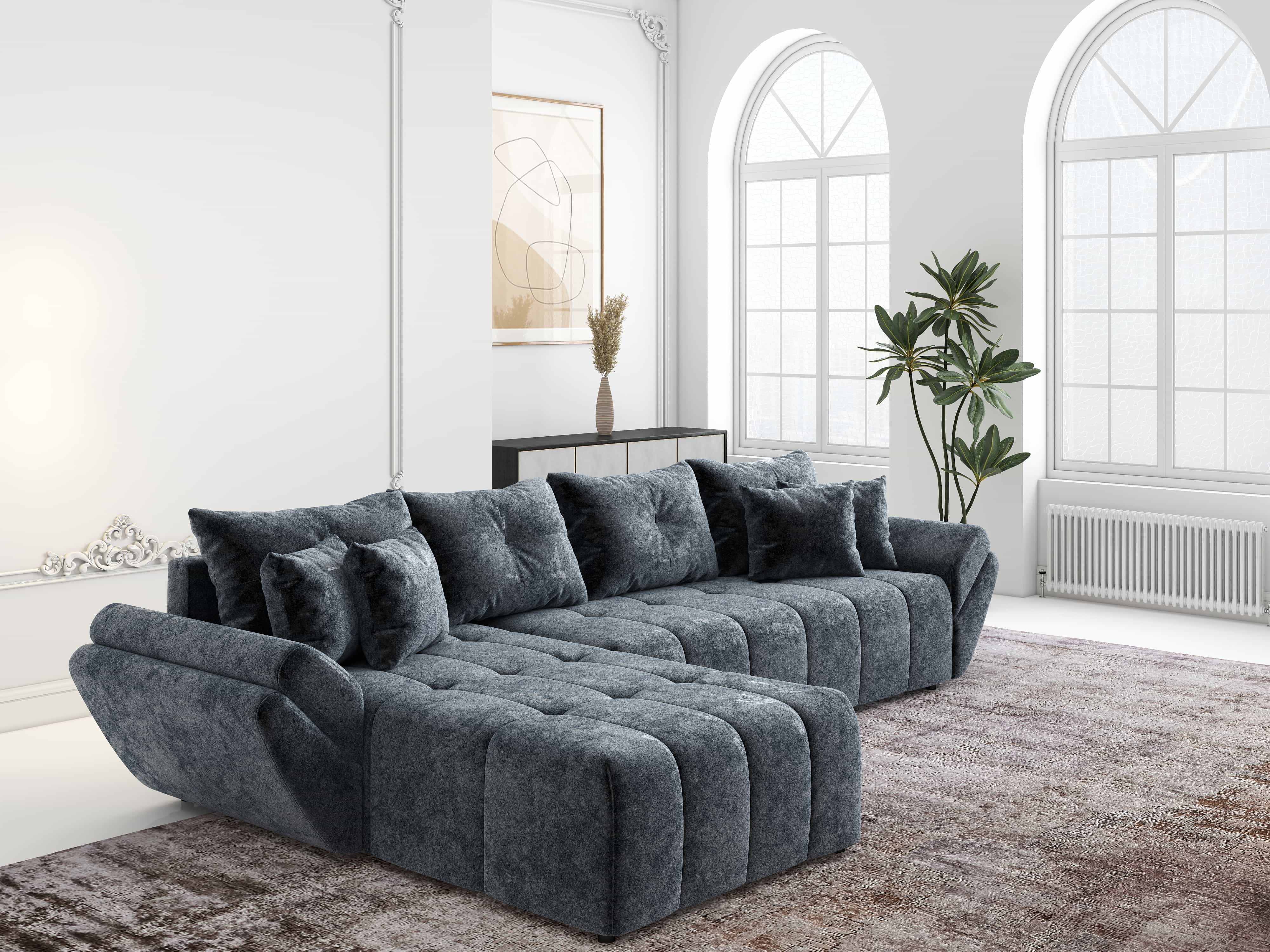 Colțar extensibil dumonde cu ladă de depozitare si sezut confortabil din spuma HR, Berlin XL Euphoria Graphite 350x185 cm Fabrica