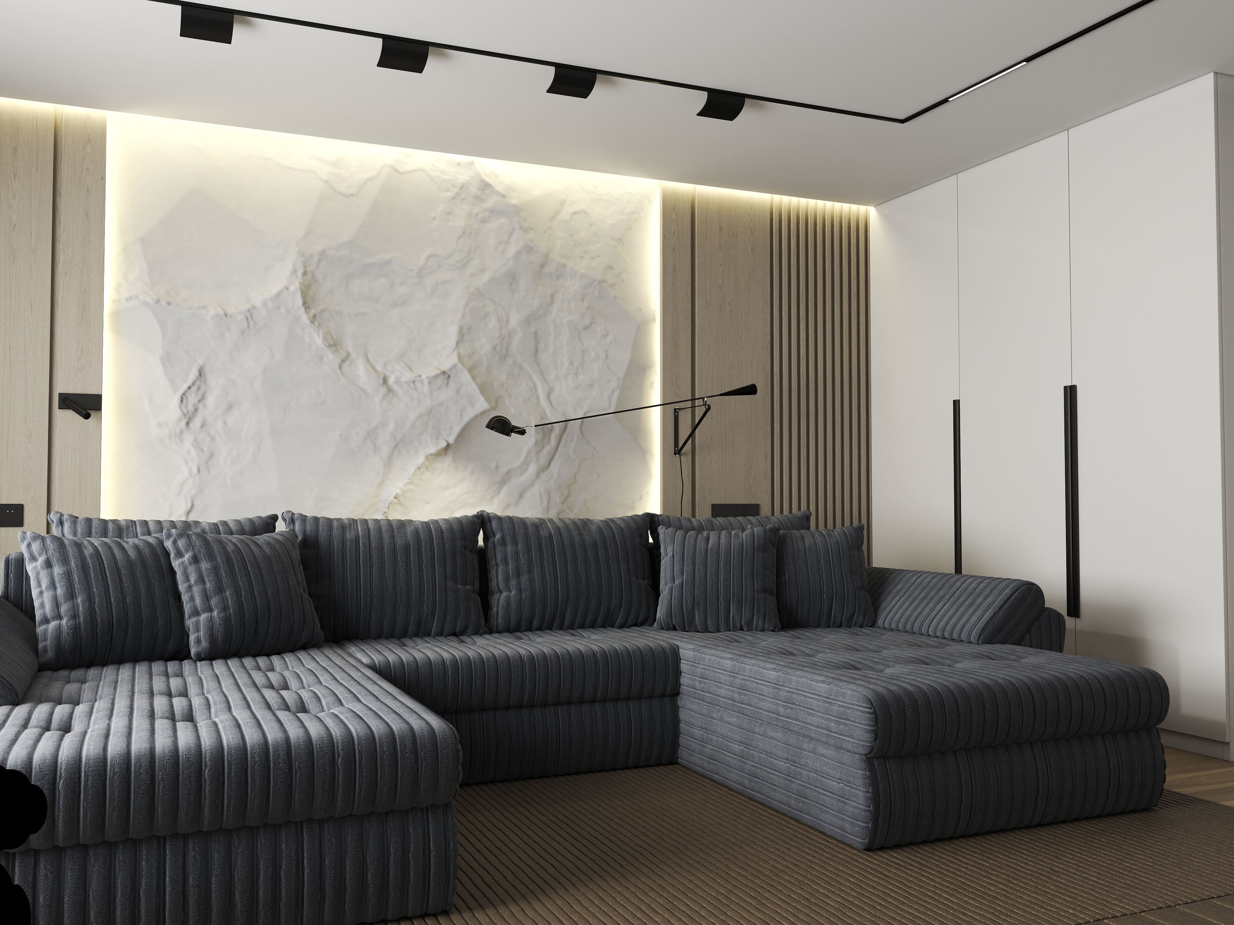 Colțar extensibil dumonde cu ladă de depozitare si sezut confortabil din spuma HR, Loana U Ambience Grey 355x185 cm Fabrica