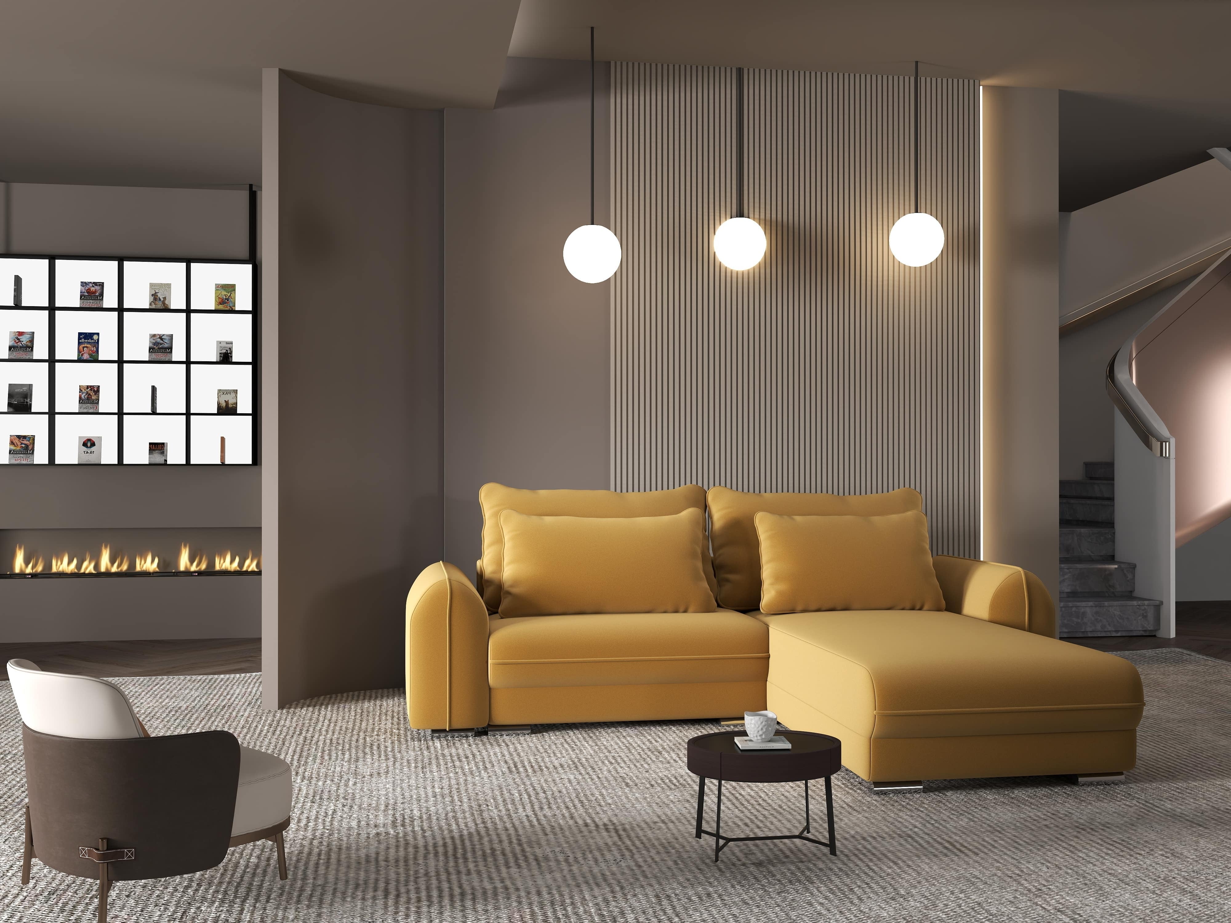 Colțar extensibil dumonde cu ladă de depozitare si sezut confortabil din spuma HR, Denver Royal Mustar 275x185 cm II Fabrica