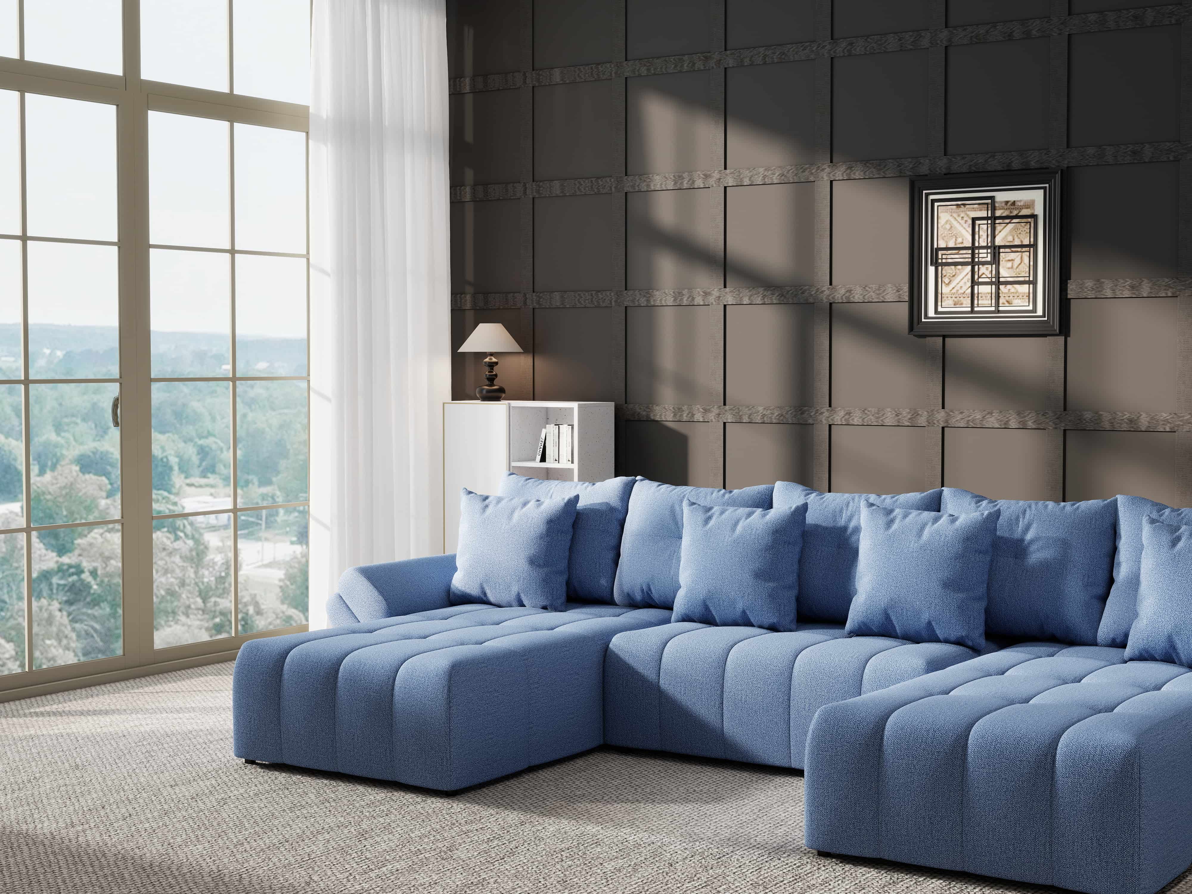 Colțar extensibil dumonde cu ladă de depozitare si sezut confortabil din spuma HR, Berlin U Enjoy Blue 380x180 cm Fabrica