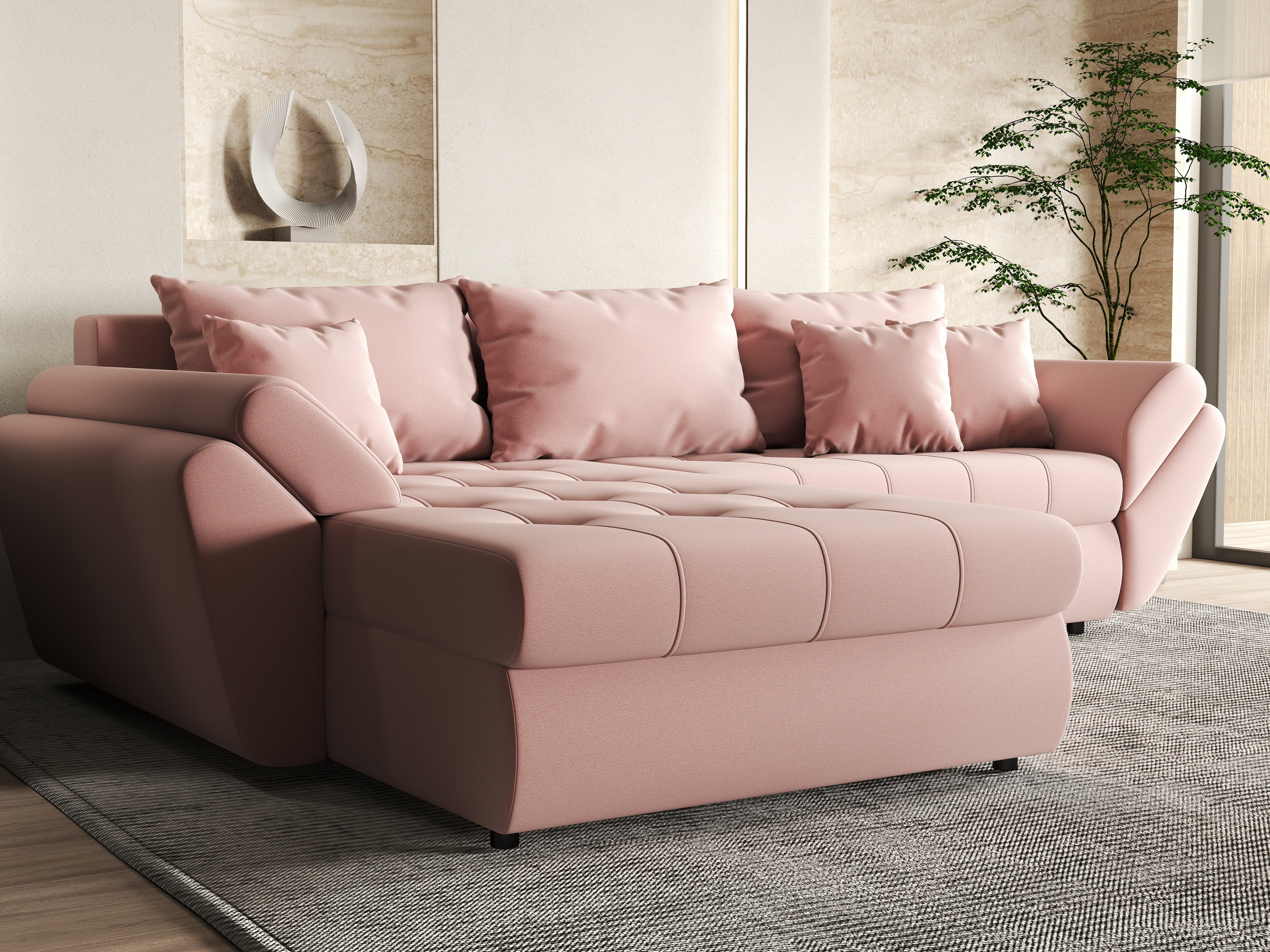 Colțar extensibil dumonde cu ladă de depozitare si sezut confortabil din spuma HR, Loana Royal Pink 270x185 cm Fabrica
