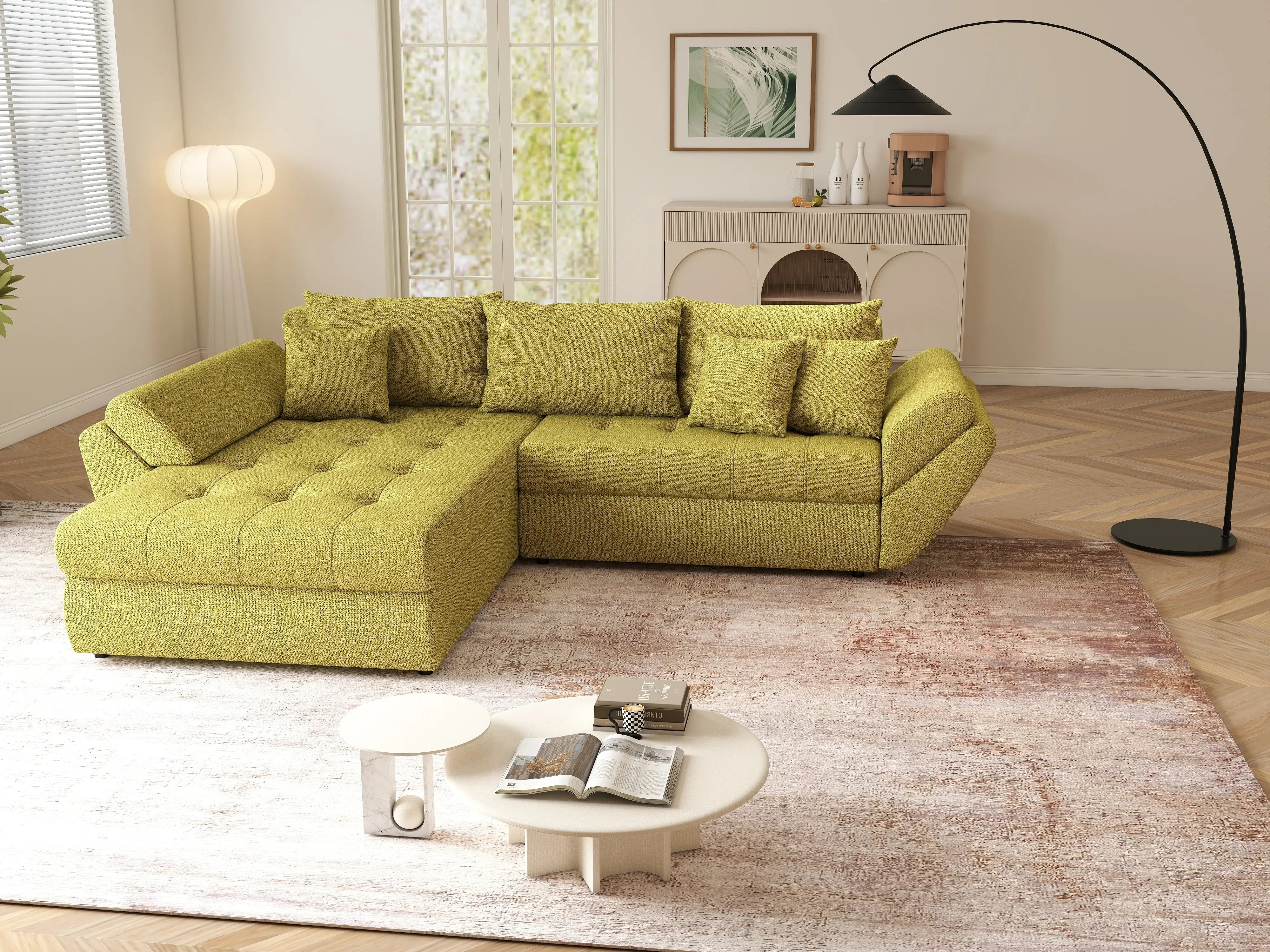 Colțar extensibil dumonde cu ladă de depozitare si sezut confortabil din spuma HR, Loana Green Lux 270x185 cm Fabrica