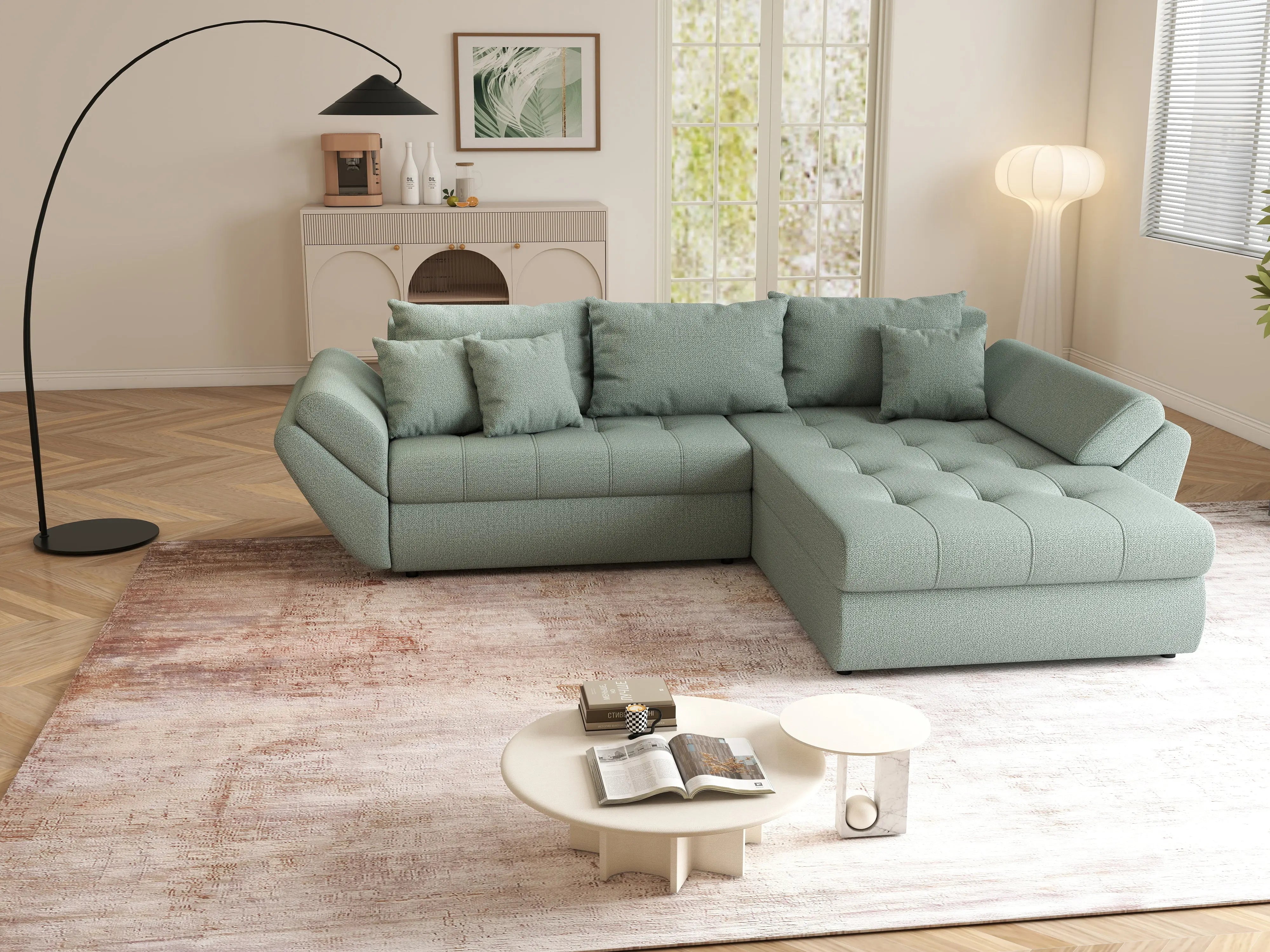 Colțar extensibil dumonde cu ladă de depozitare si sezut confortabil din spuma HR, Loana Mint II 270x185 cm Fabrica