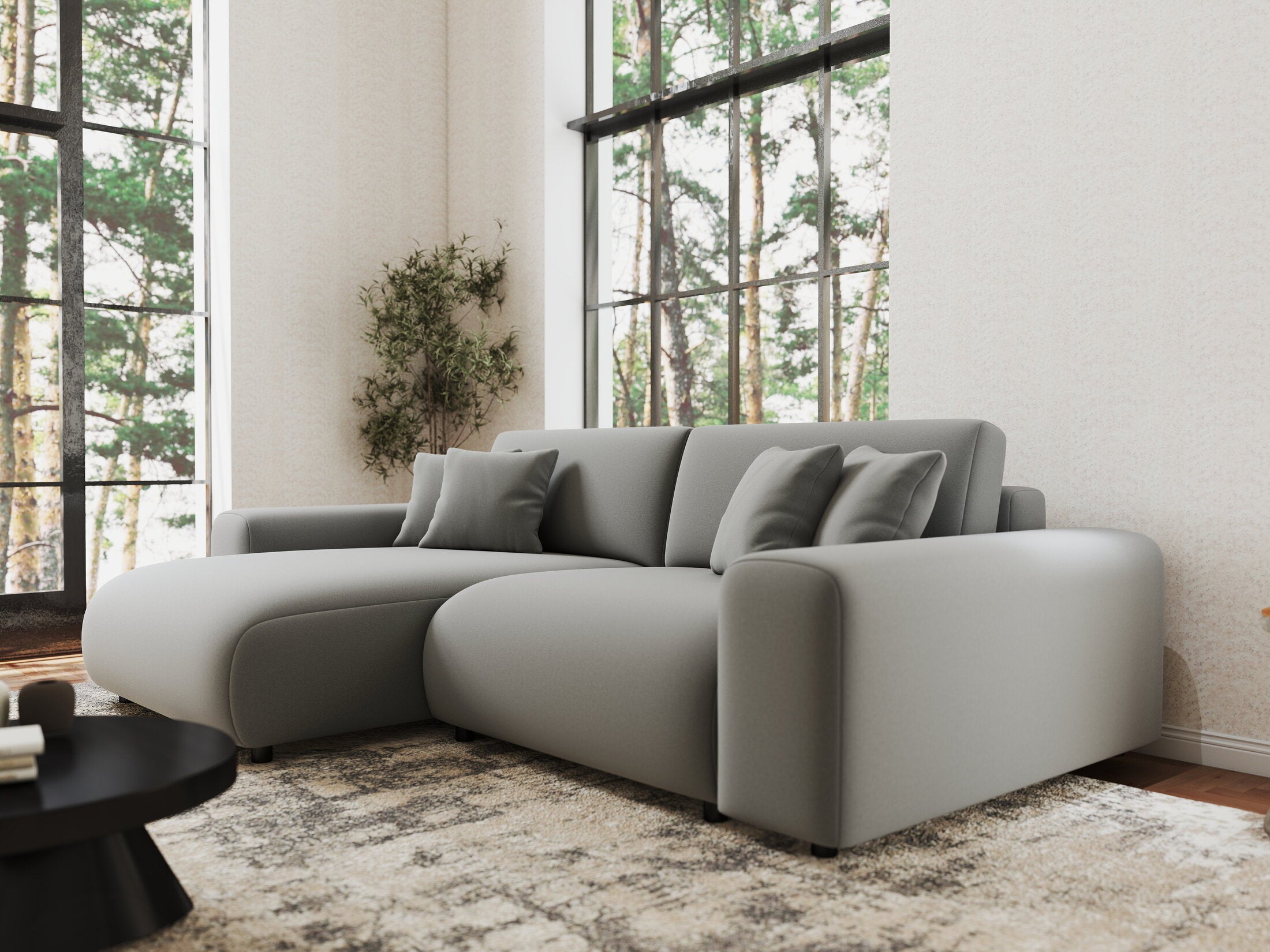 Colțar extensibil dumonde cu ladă de depozitare si sezut confortabil din spuma HR, Sarina Royal Gri 255x168 cm