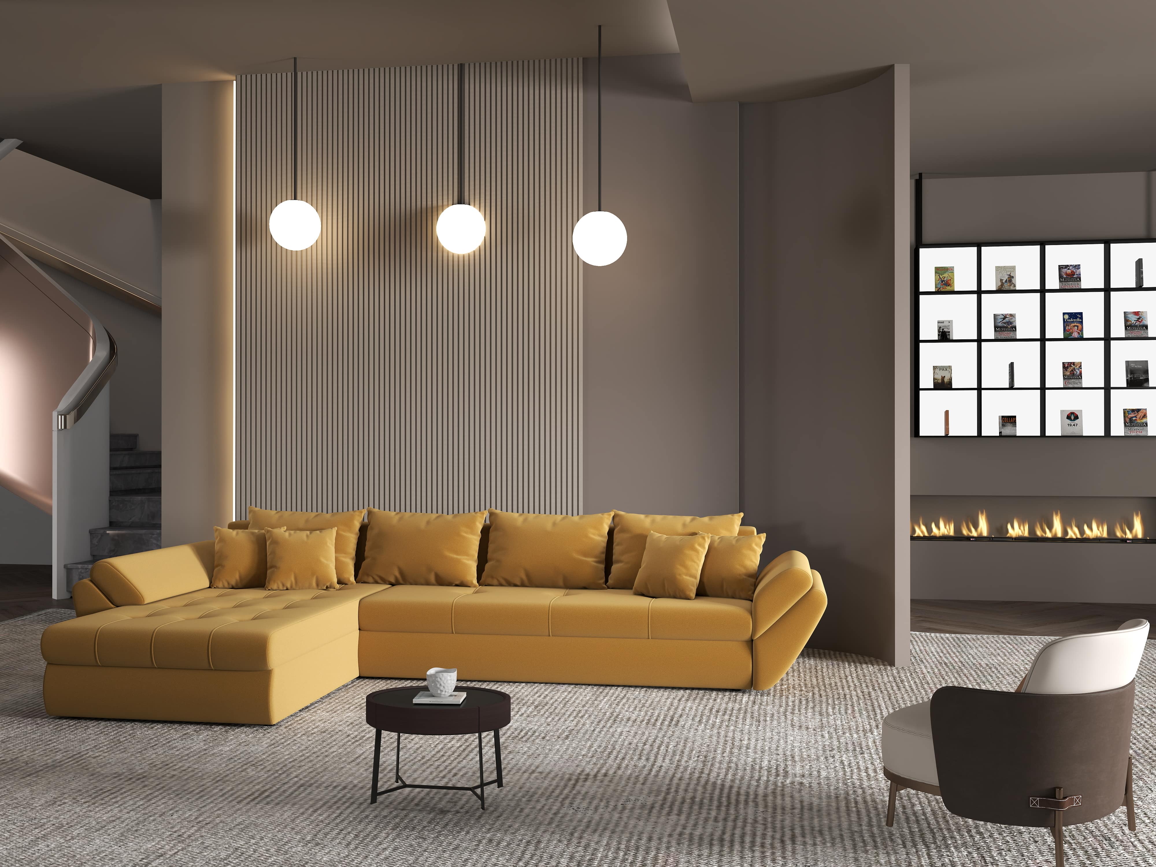 Colțar extensibil dumonde cu ladă de depozitare si sezut confortabil din spuma HR, Loana XL Royal Mustar 335x185 cm Fabrica