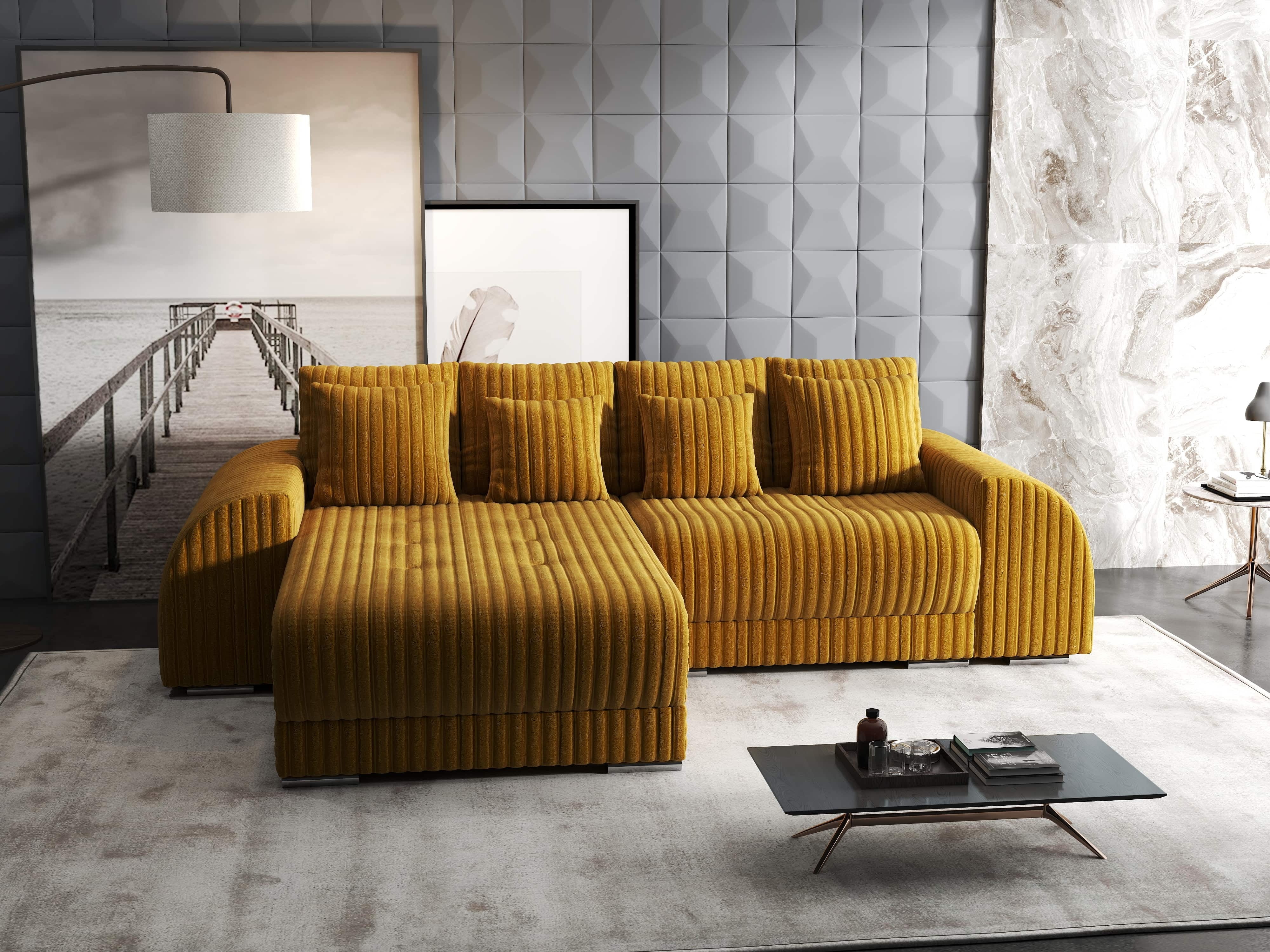 Colțar extensibil dumonde cu ladă de depozitare si sezut confortabil din spuma HR, Verona Ambience Mustar 290x185 cm Fabrica