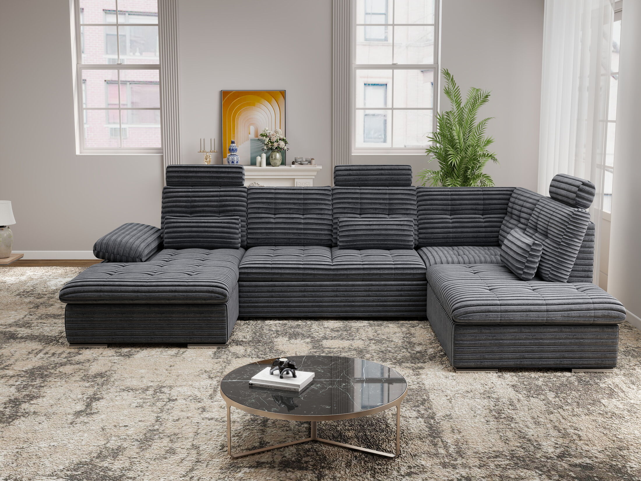 Colțar extensibil dumonde cu ladă de depozitare și șezut confortabil din spumă HR, Merkur U Ambience Gri 324x218 cm