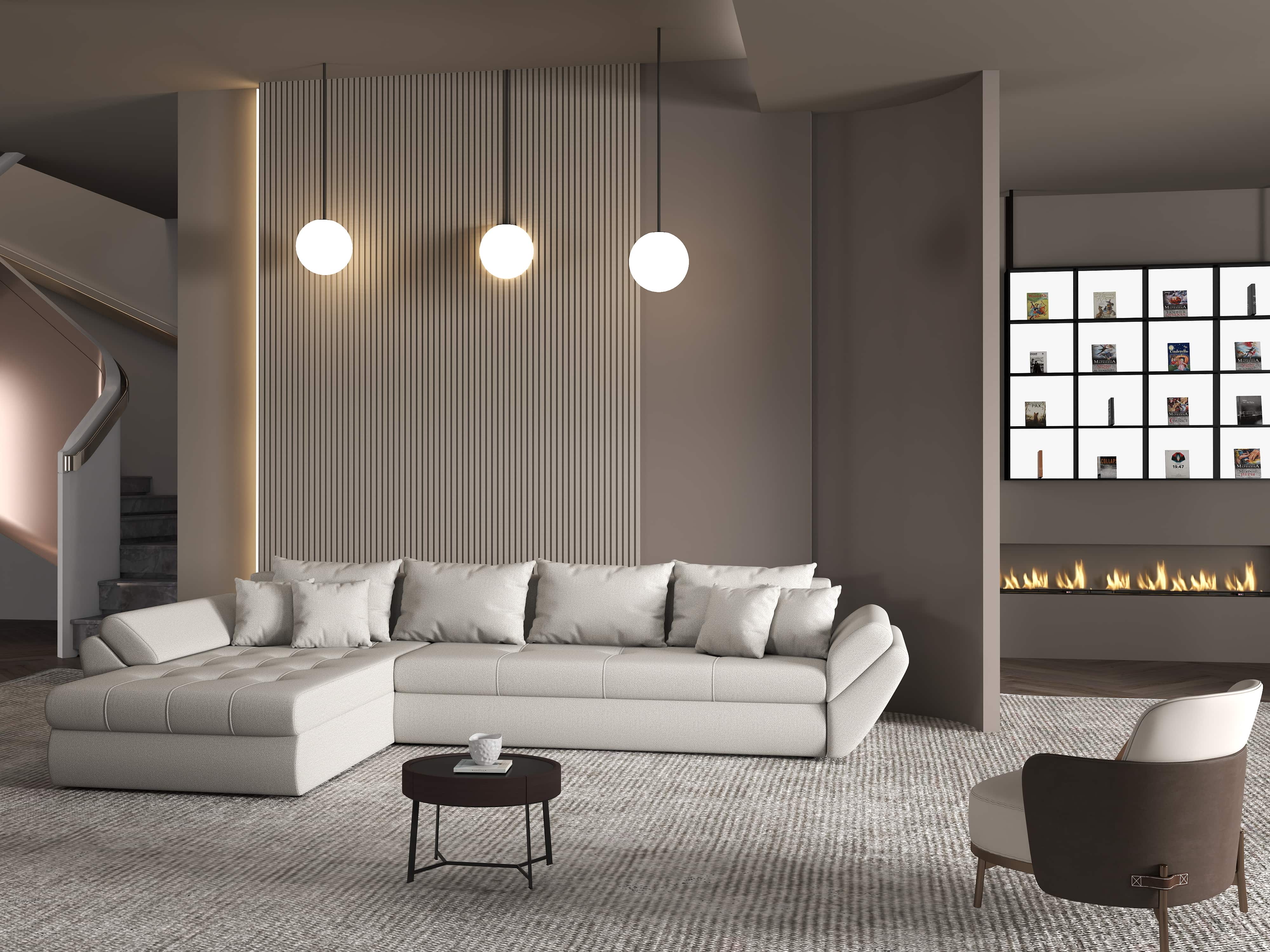 Colțar extensibil dumonde cu ladă de depozitare si sezut confortabil din spuma HR, Loana XL Enjoy Beige 335x185 cm Fabrica