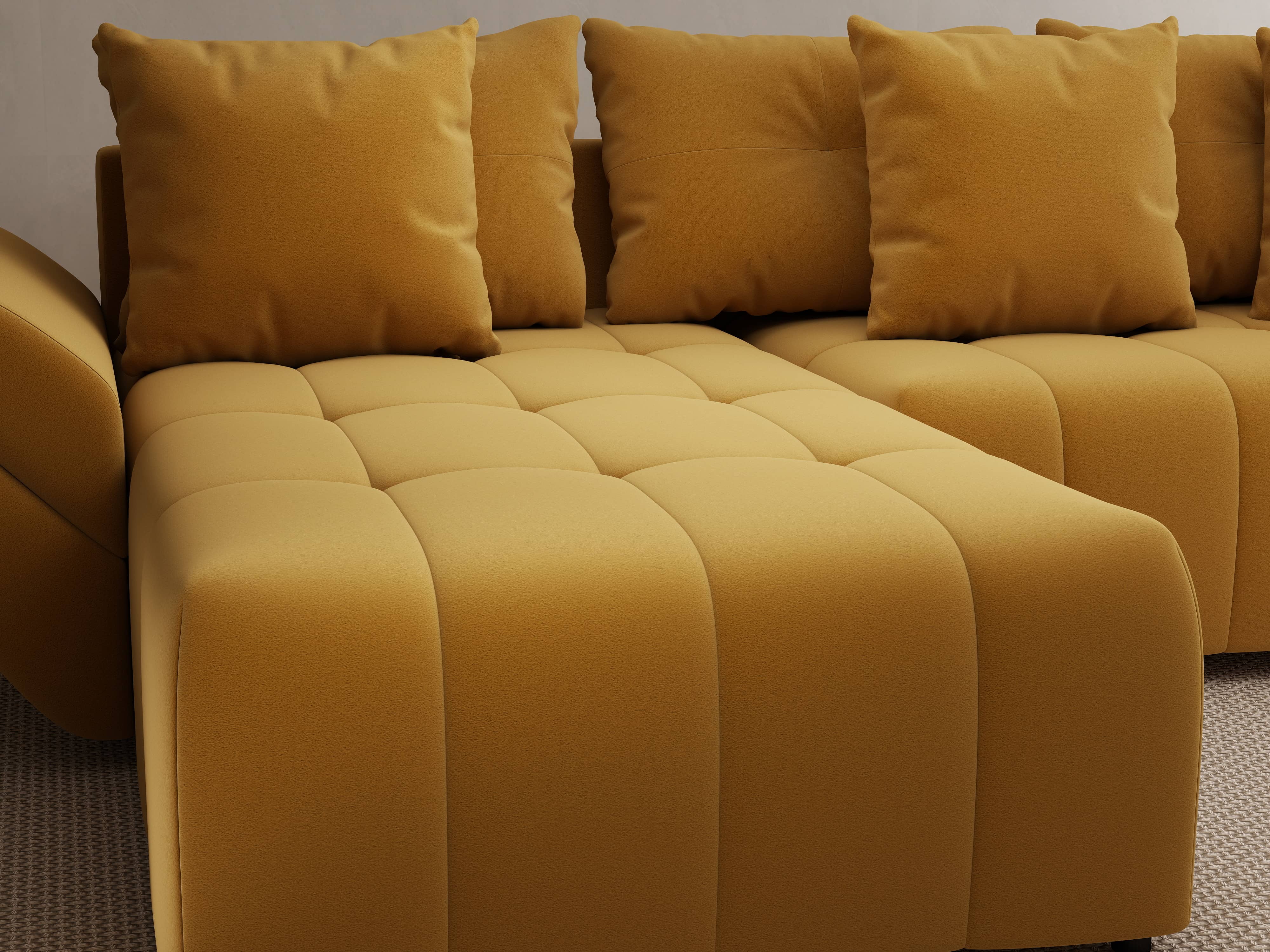 Colțar extensibil dumonde cu ladă de depozitare si sezut confortabil din spuma HR, Berlin Royal Mustar 280x185 cm Fabrica