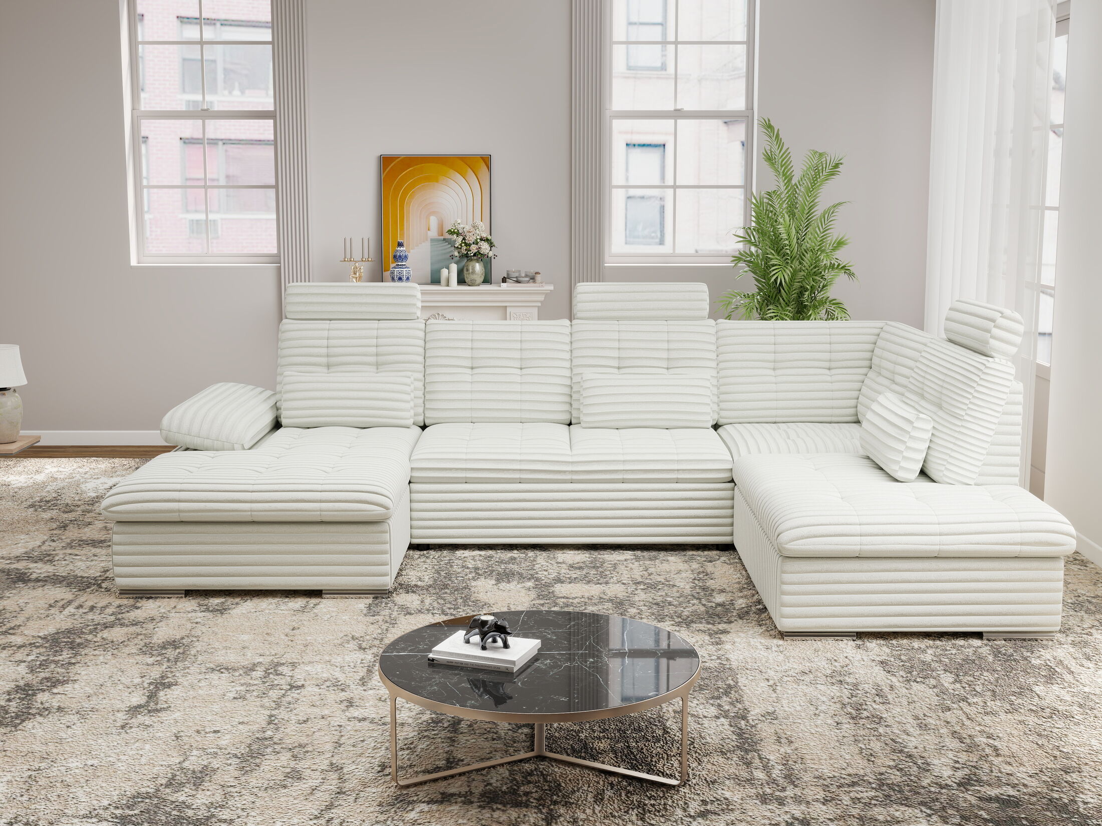 Colțar extensibil dumonde cu ladă de depozitare și șezut confortabil din spumă HR, Merkur U Ambience Alb 324x218 cm