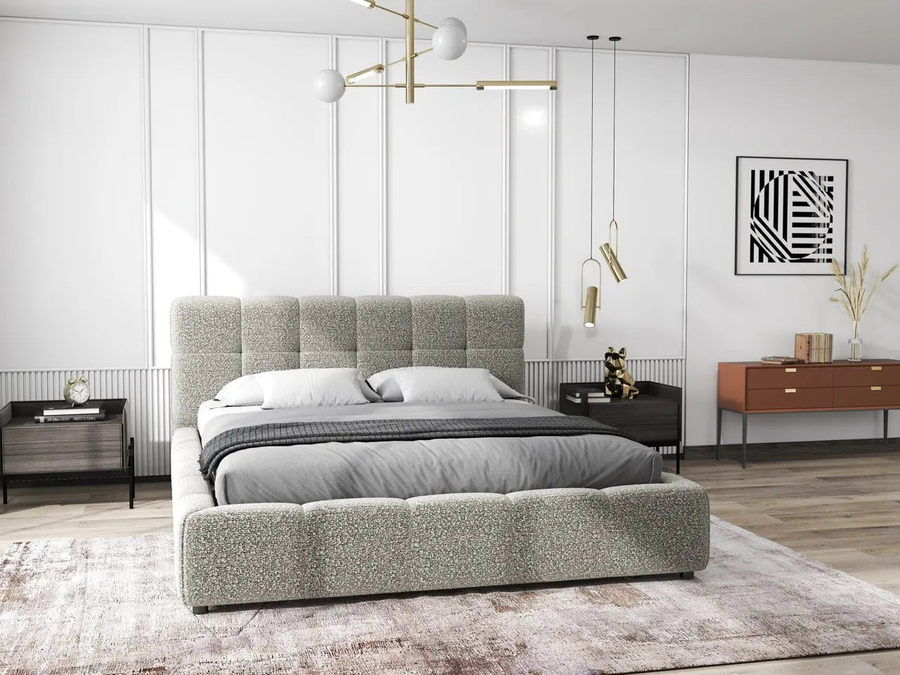 Pat dormitor dumonde, tapitat gri, Lorenzo 140x200 cm, somiera rabatabila inclusa, spatiu depozitare WLS
