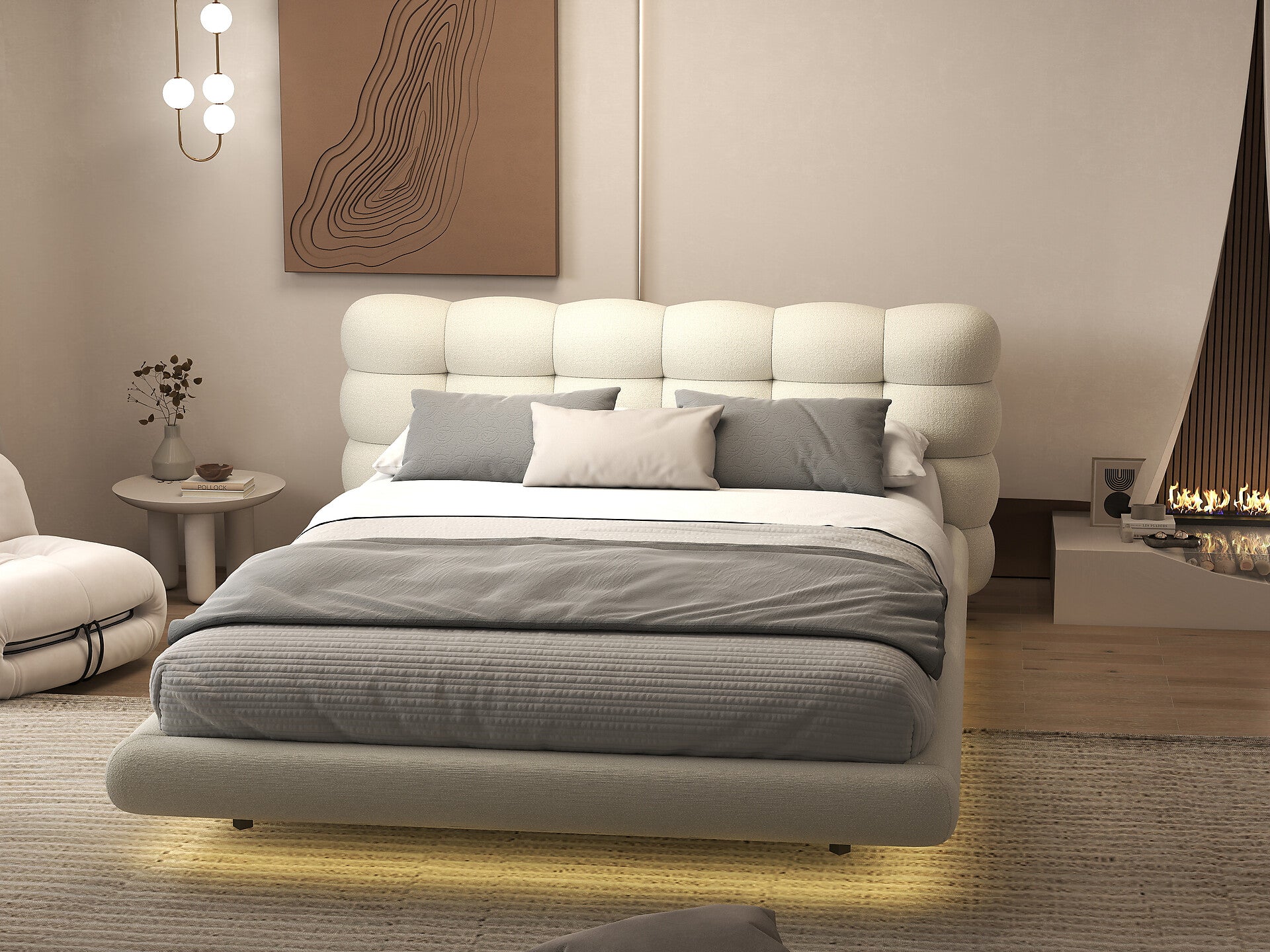 Pat dormitor dumonde, tapitat alb cu LED, "floating bed" Cloud 160x200 cm, somiera inclusa