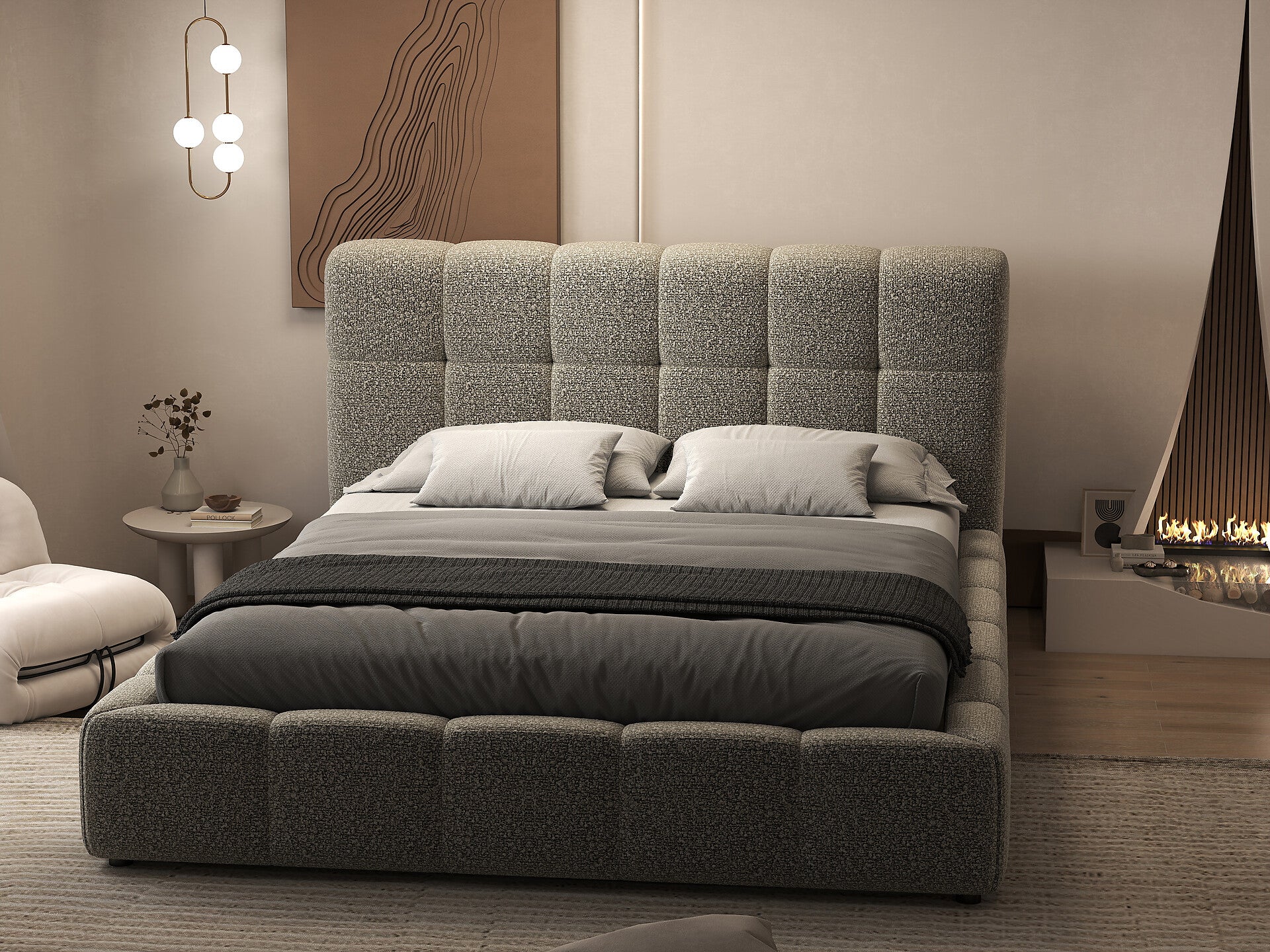 Pat dormitor dumonde, tapitat gri, Lorenzo 140x200 cm, somiera rabatabila inclusa, spatiu depozitare