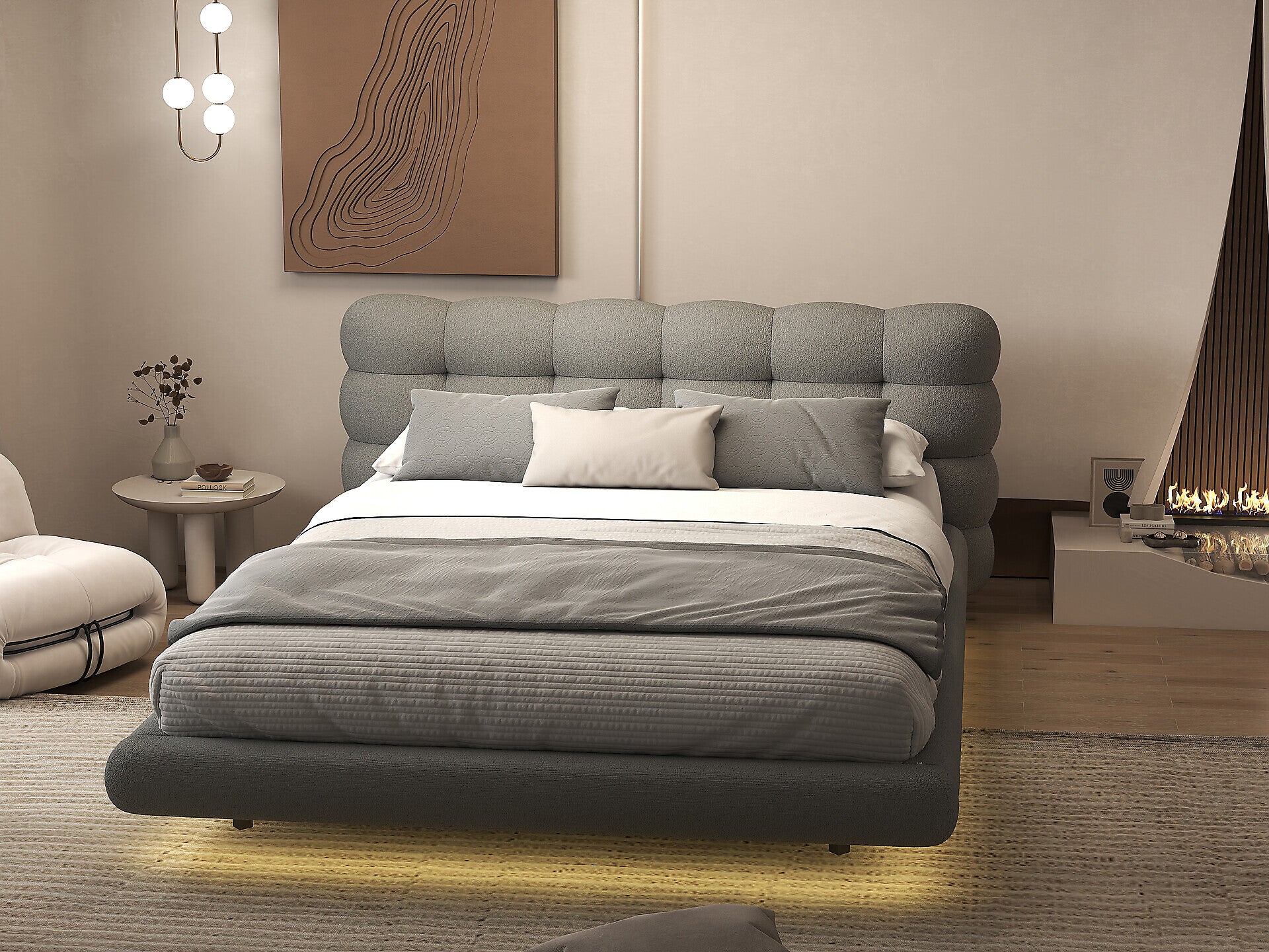 Pat dormitor dumonde, tapitat gri cu LED, "floating bed" Cloud 140x200 cm, somiera inclusa