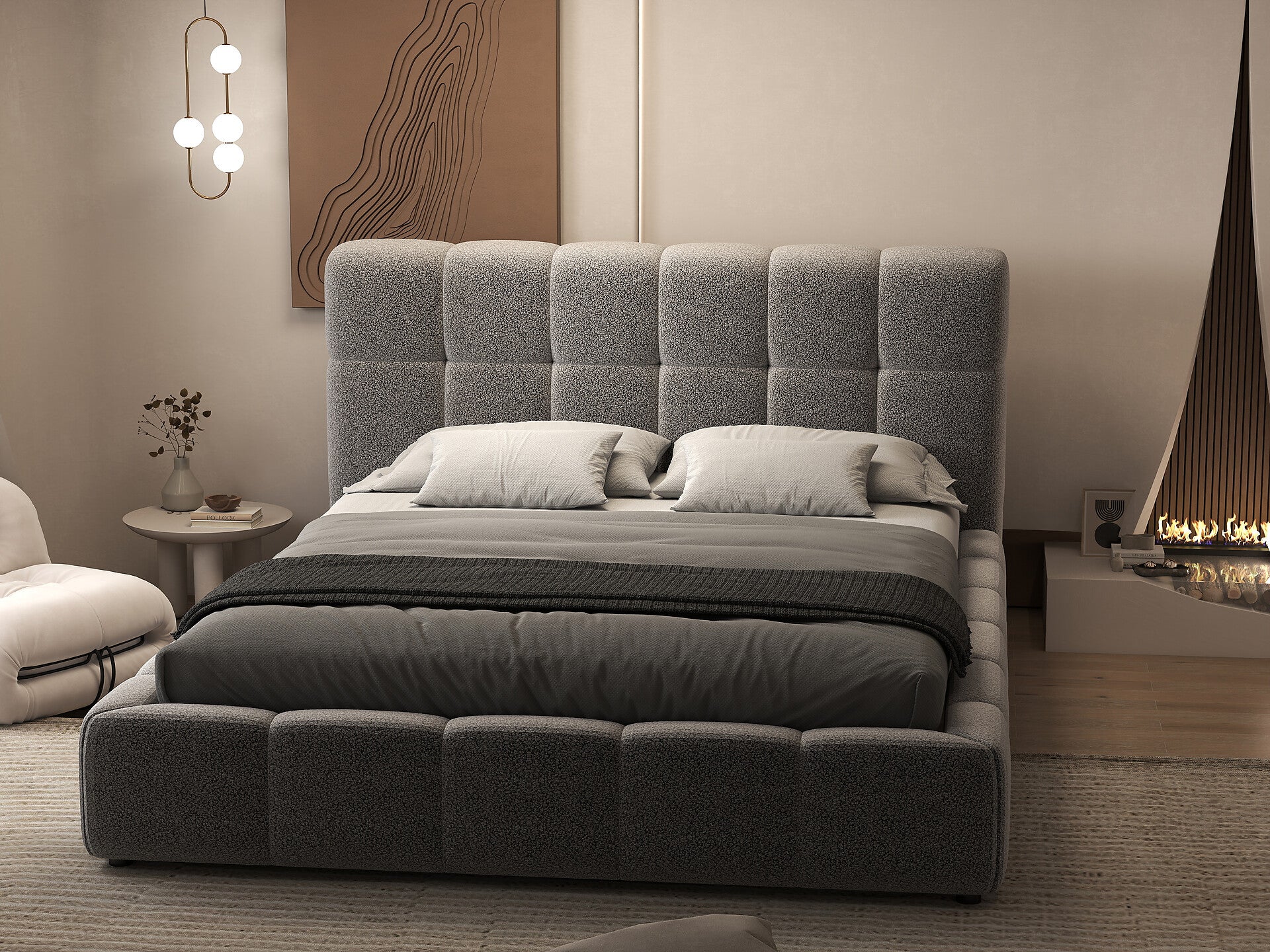 Pat dormitor dumonde, tapitat alb, Lorenzo 160x200 cm, somiera rabatabila inclusa, spatiu depozitare