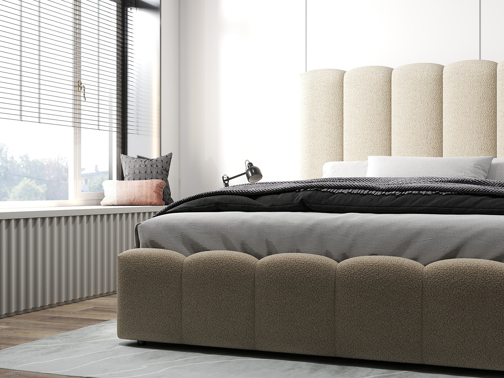 Pat dormitor dumonde, tapitat bej, Milano 160x200 cm, somiera rabatabila inclusa, spatiu depozitare