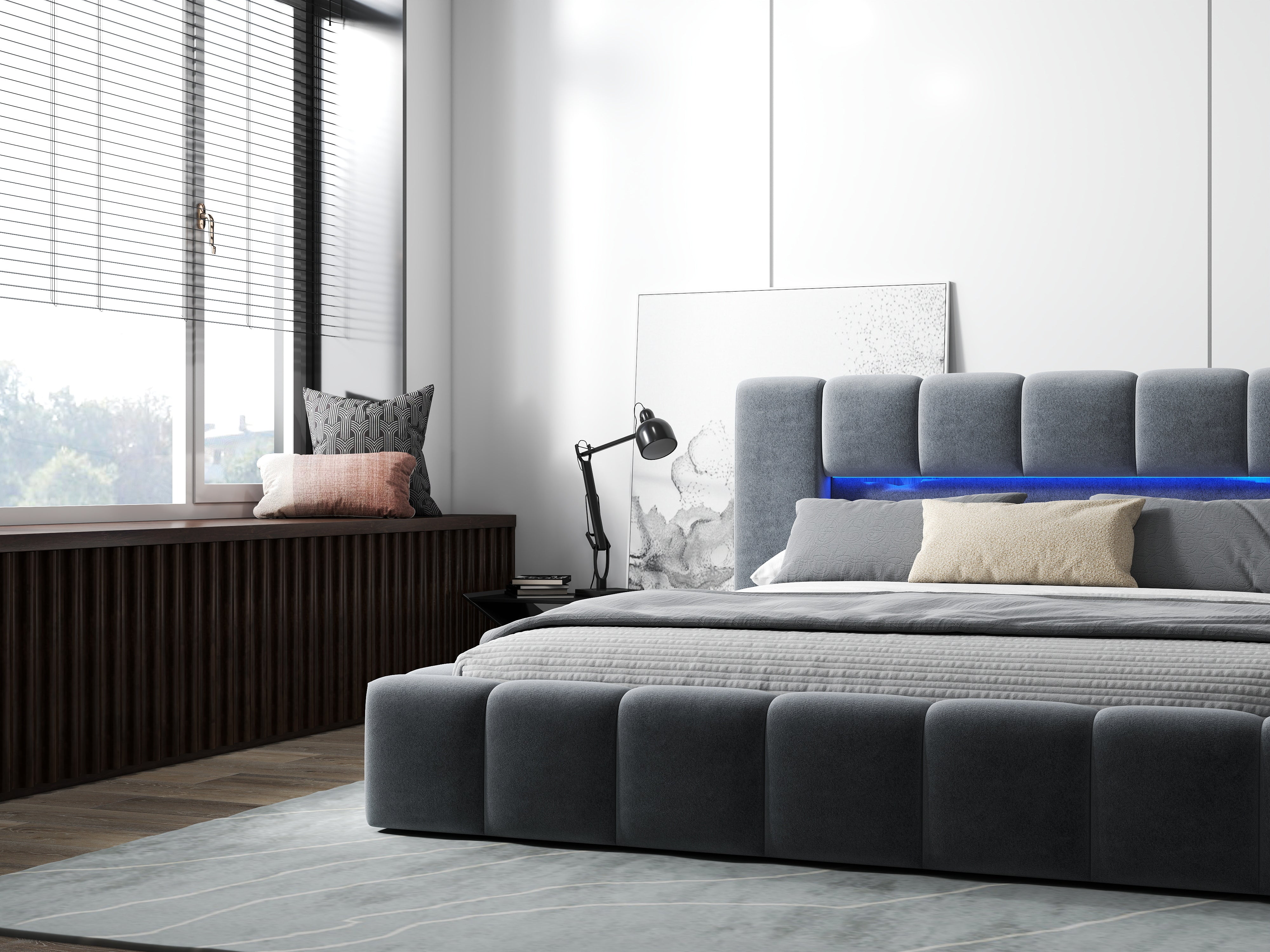 Pat dormitor dumonde, tapitat gri cu LED si USB, Palermo 140x200 cm, somiera rabatabila inclusa, spatiu depozitare WLS