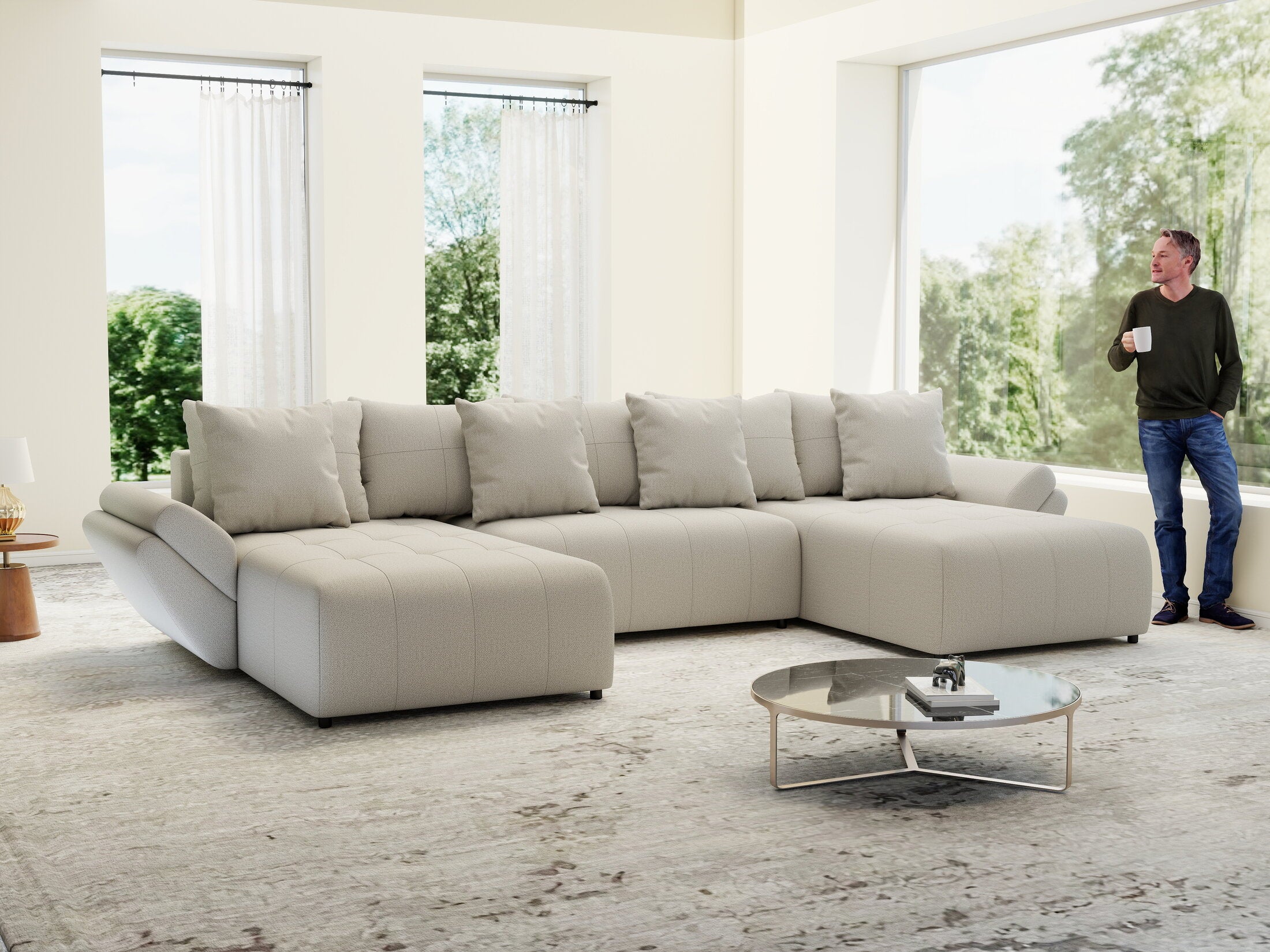 Colțar extensibil dumonde cu ladă de depozitare si sezut confortabil din spuma HR, Berlin U Enjoy Bej 380x180 cm