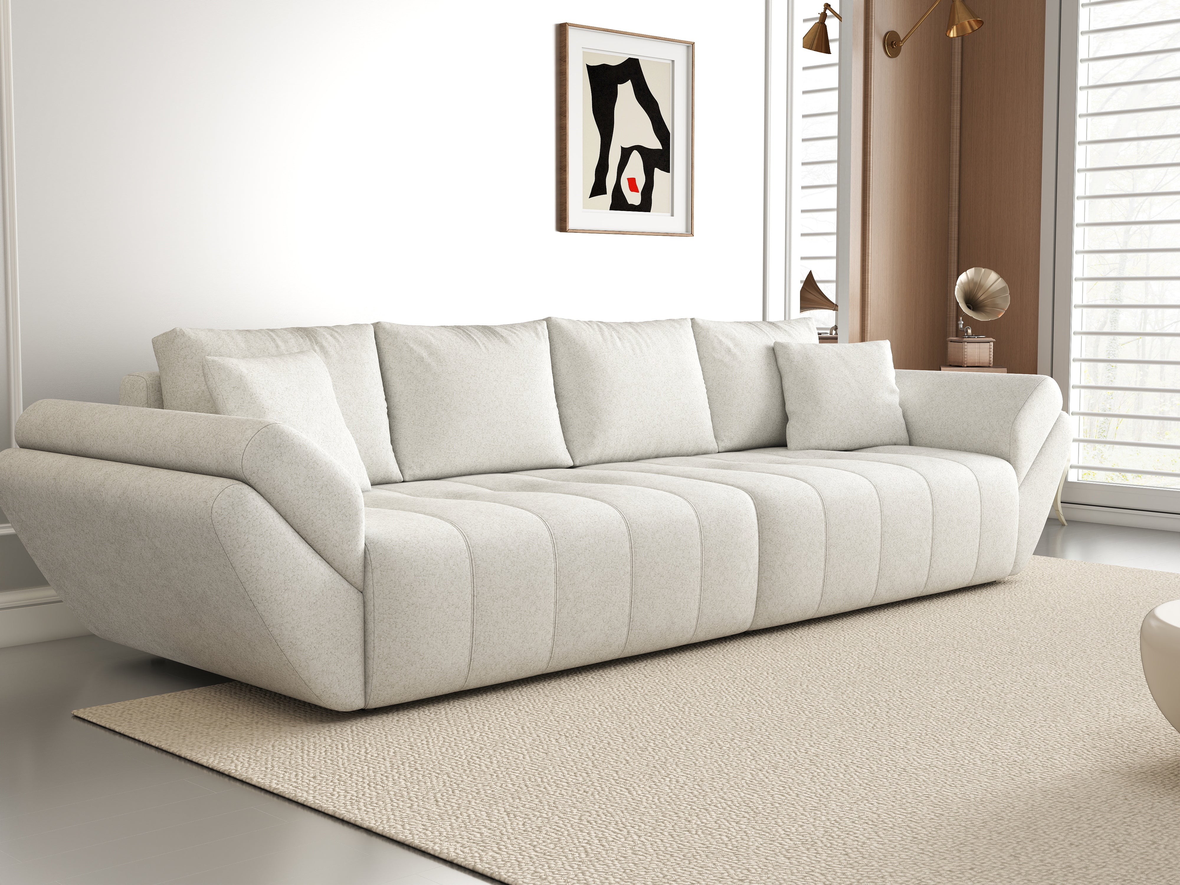 Canapea extensibilă dumonde cu ladă de depozitare si sezut confortabil din spuma HR, Berlin Euphoria Ivory 300x100 cm Fabrica