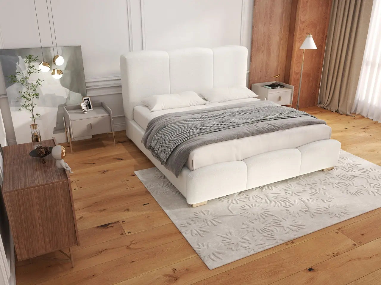Pat dormitor dumonde, tapitat alb, Havana 140x200 cm, somiera rabatabila inclusa, spatiu depozitare WLS