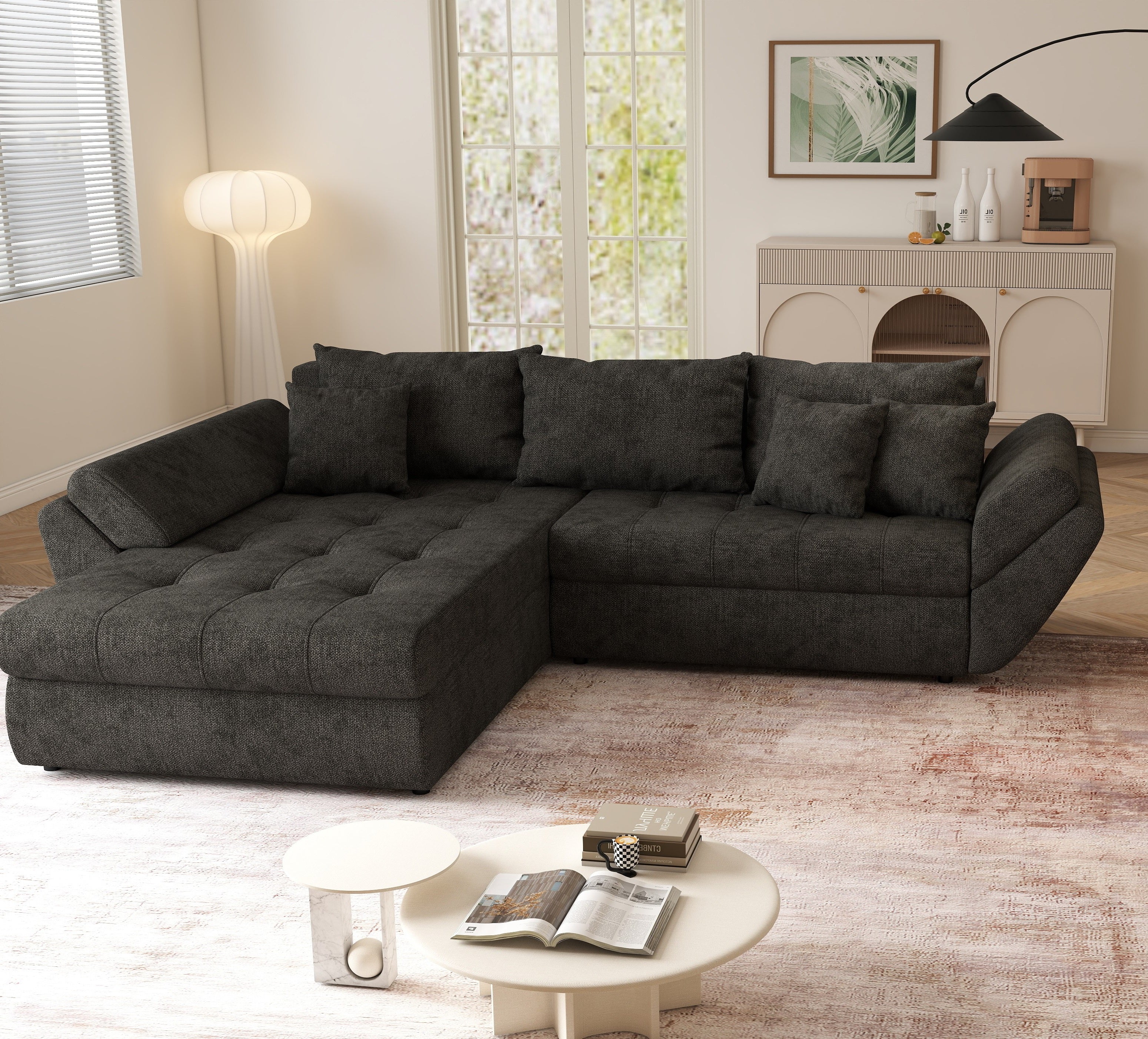 Colțar extensibil dumonde cu ladă de depozitare si sezut confortabil din spuma HR, Loana Enjoy Black II 270x185 cm Fabrica