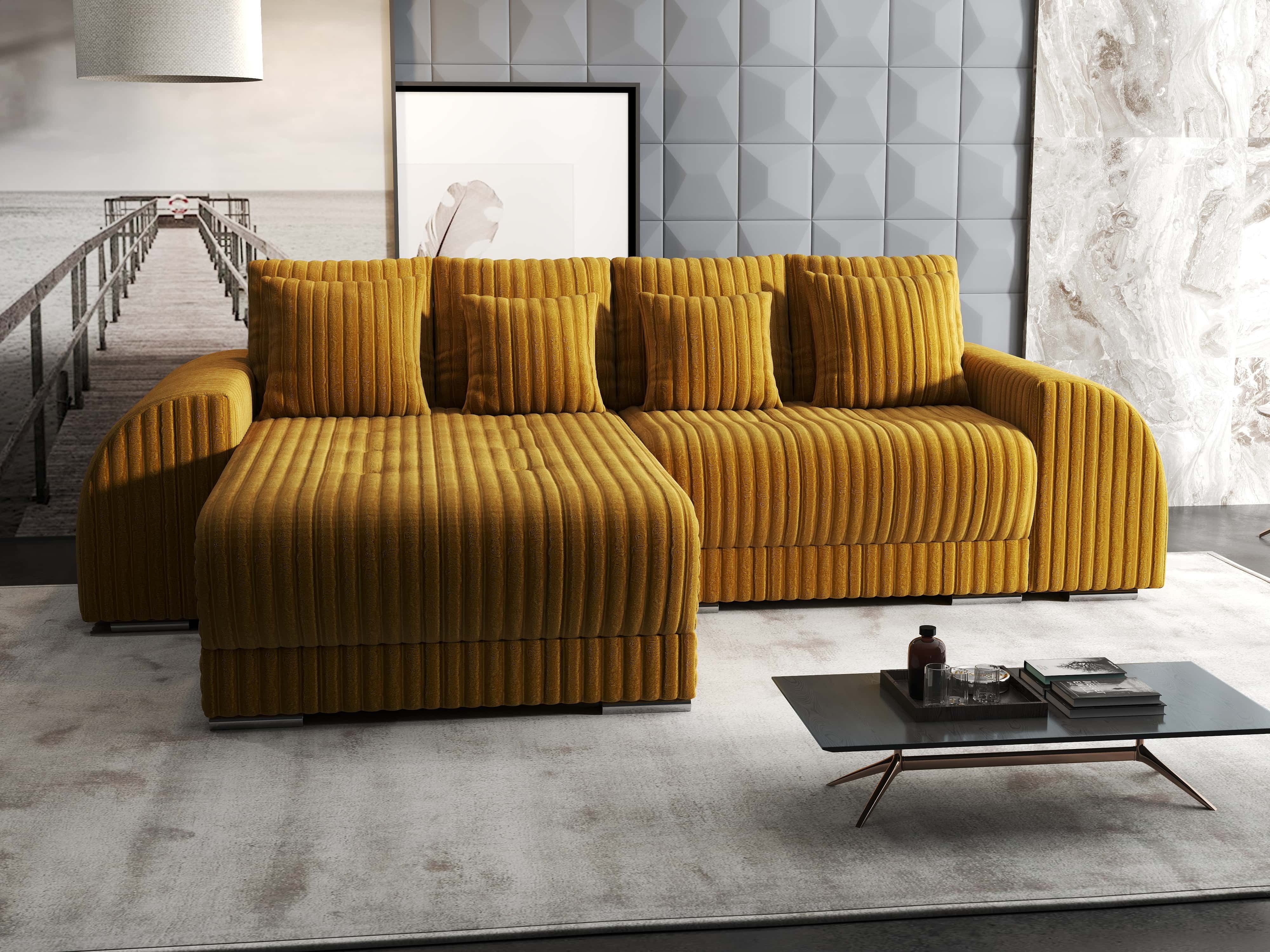 Colțar extensibil dumonde cu ladă de depozitare si sezut confortabil din spuma HR, Verona Ambience Mustar 290x185 cm Fabrica