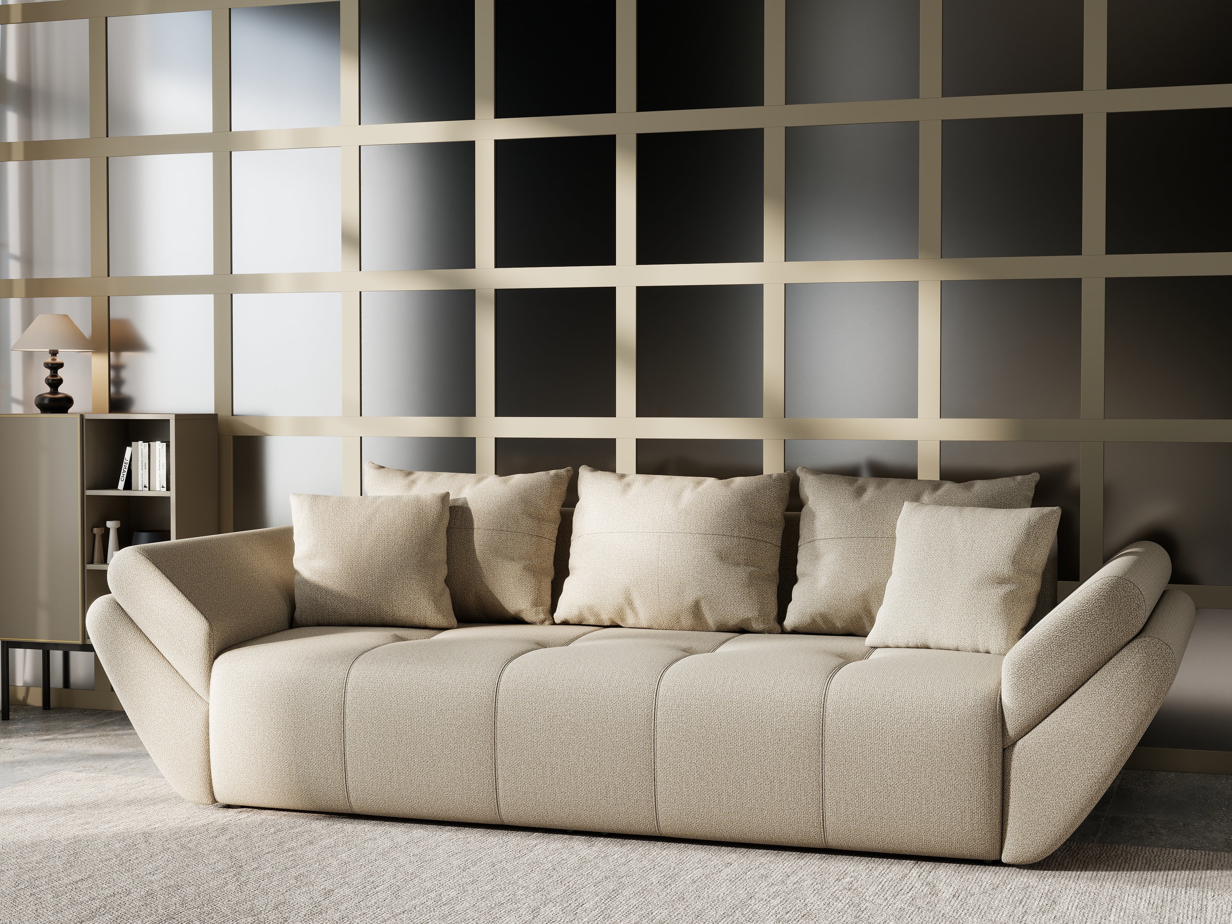 Canapea extensibilă dumonde cu ladă de depozitare si sezut confortabil din spuma HR, Berlin Bej 250x100 cm Fabrica
