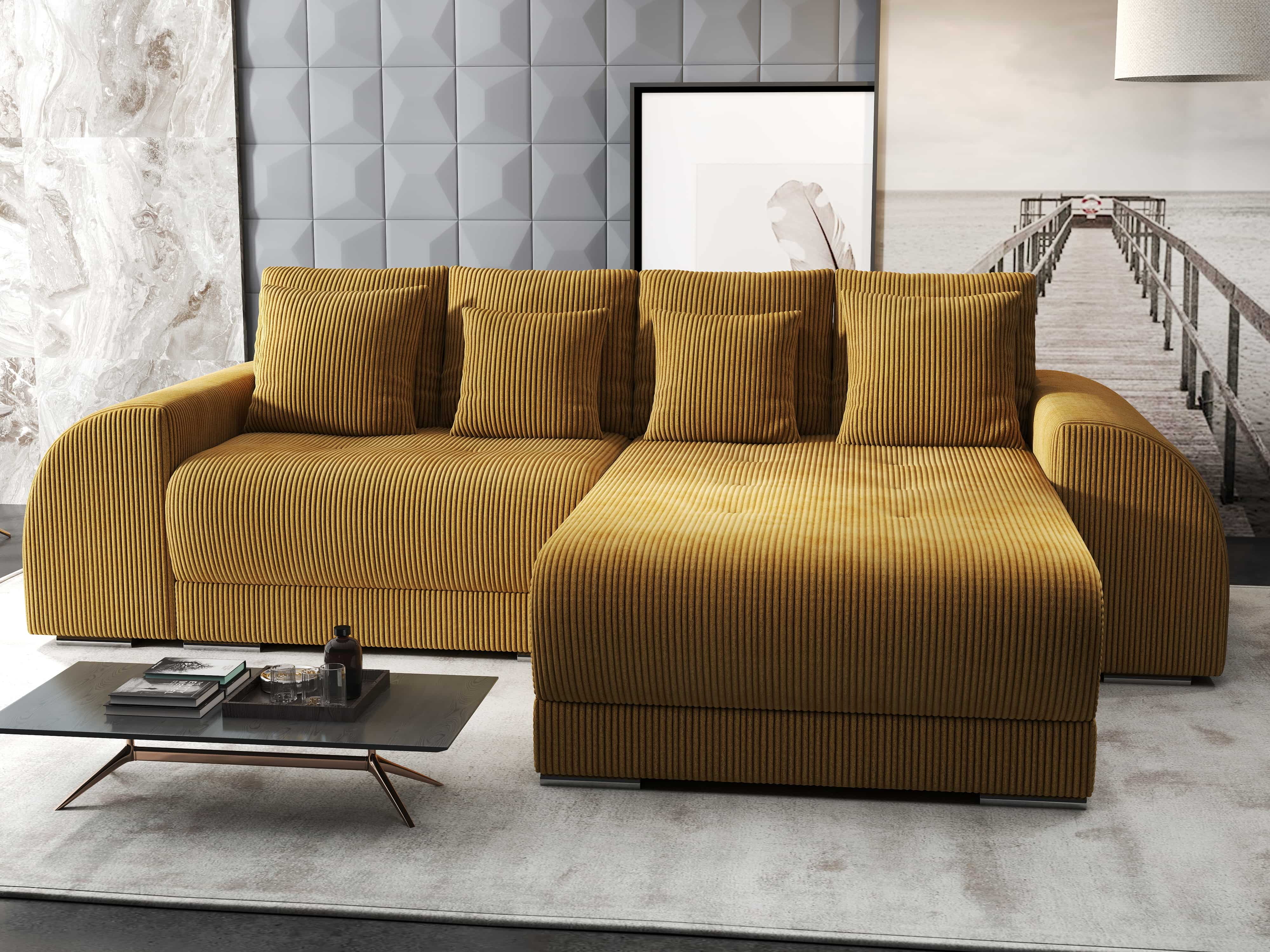 Colțar extensibil dumonde cu ladă de depozitare si sezut confortabil din spuma HR, Verona Zoom Mustar 290x185 cm Fabrica