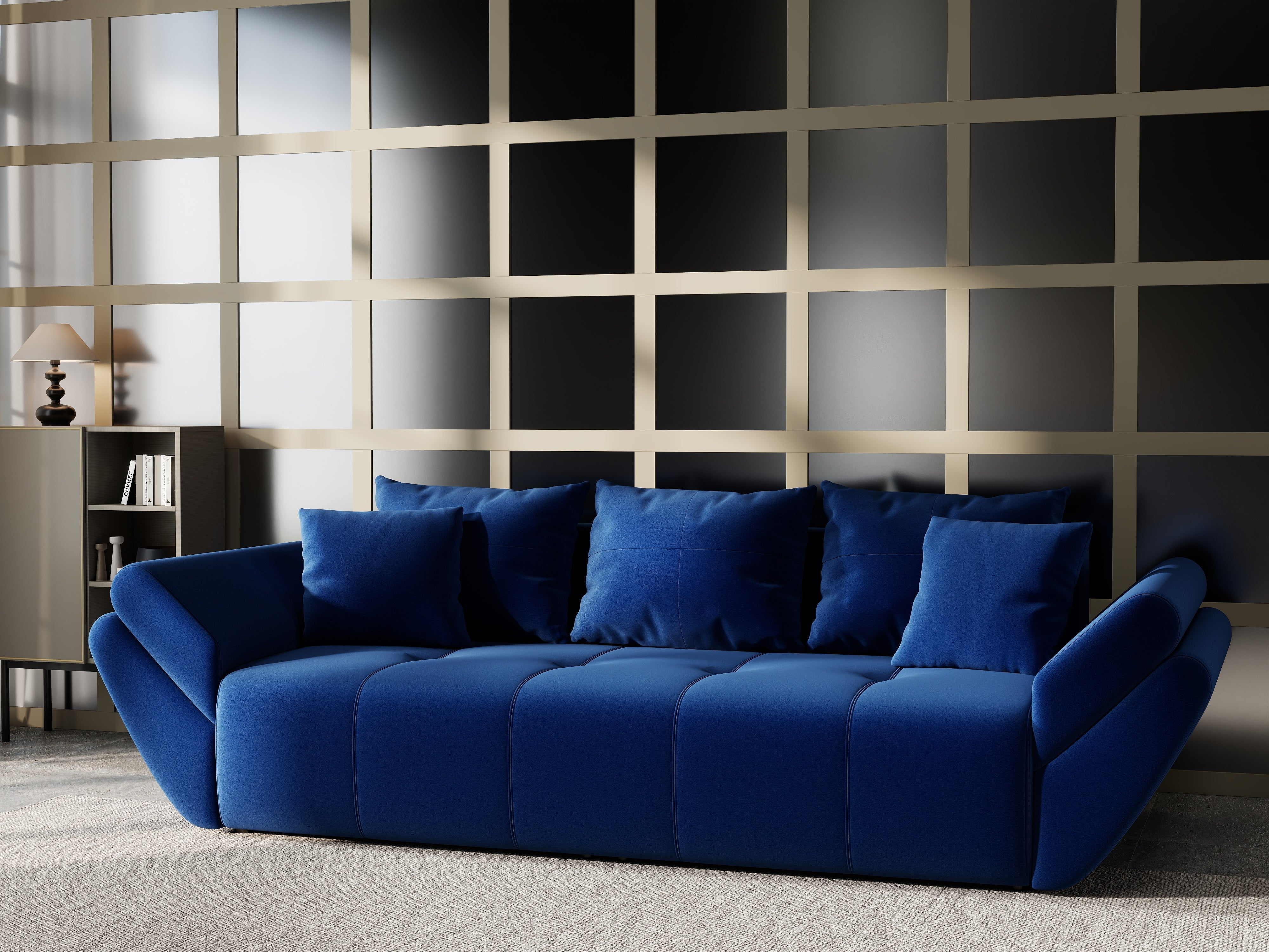 Canapea extensibilă dumonde cu ladă de depozitare si sezut confortabil din spuma HR, Berlin Royal Blue 250x100 cm Fabrica