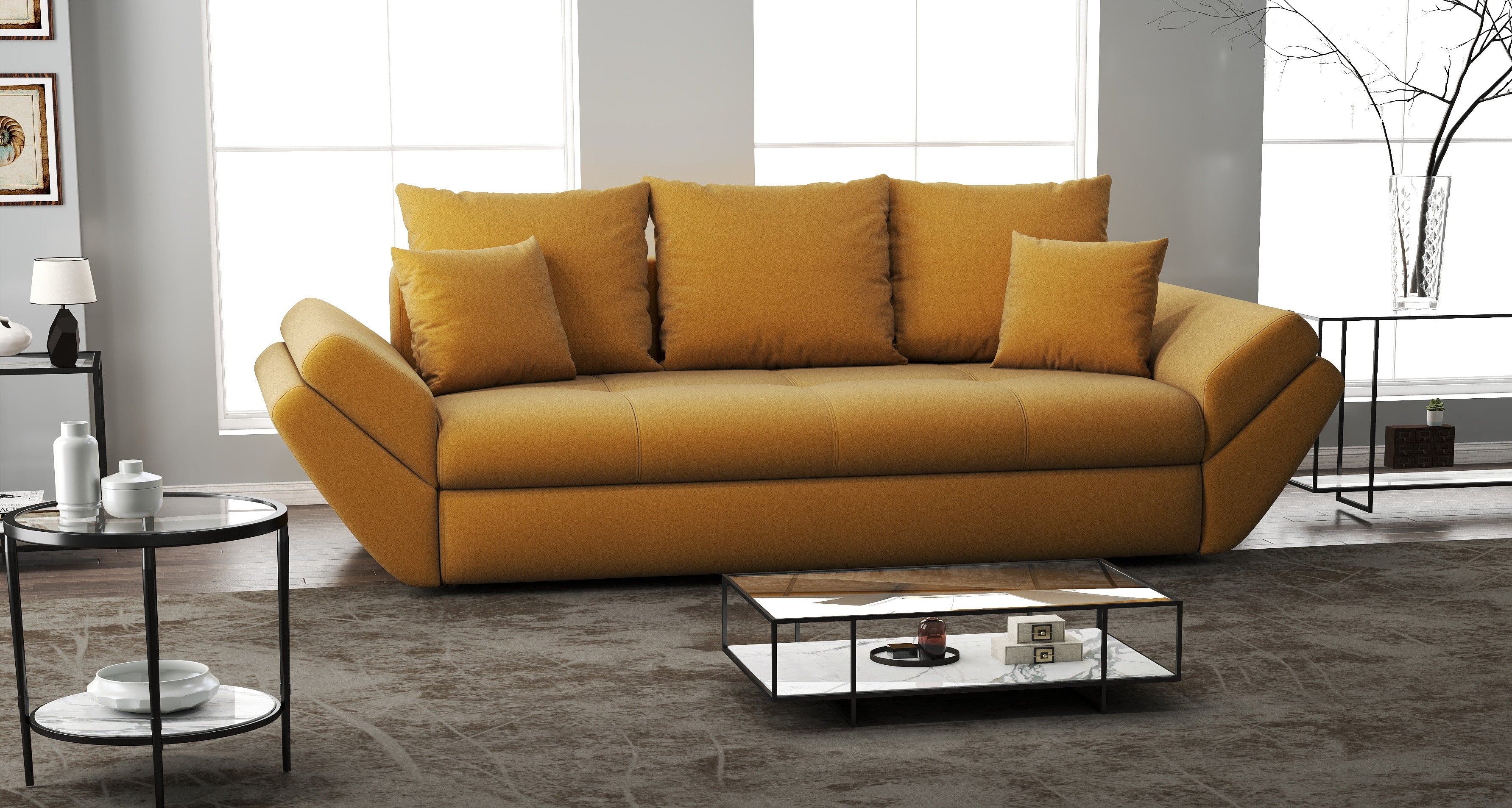 Canapea extensibilă dumonde cu ladă de depozitare si sezut confortabil din spuma HR, Loana Royal Mustar 250x100 cm Fabrica