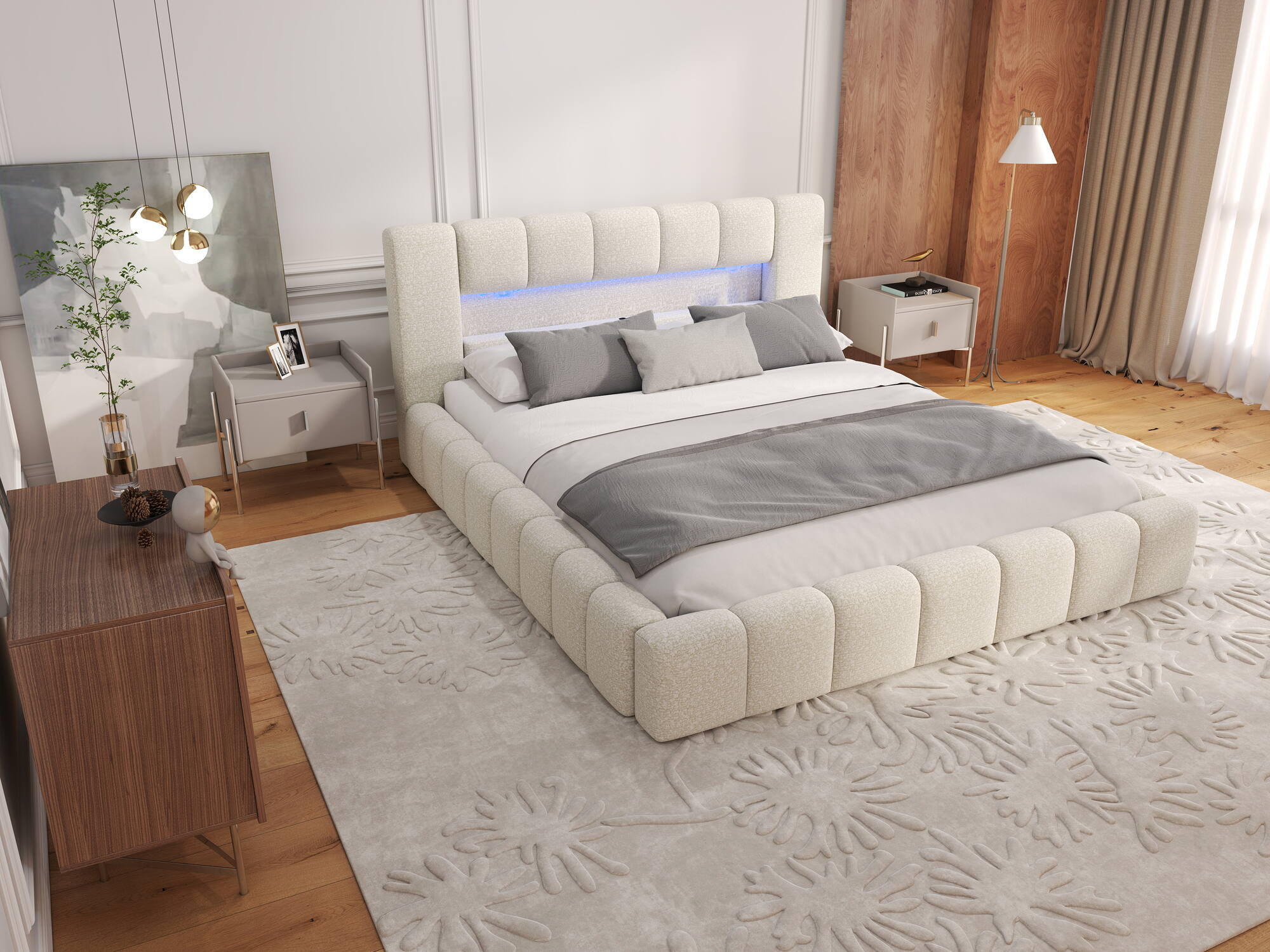 Pat dormitor dumonde, tapitat bej, Palermo 180x200 cm, somiera rabatabila inclusa, spatiu depozitare