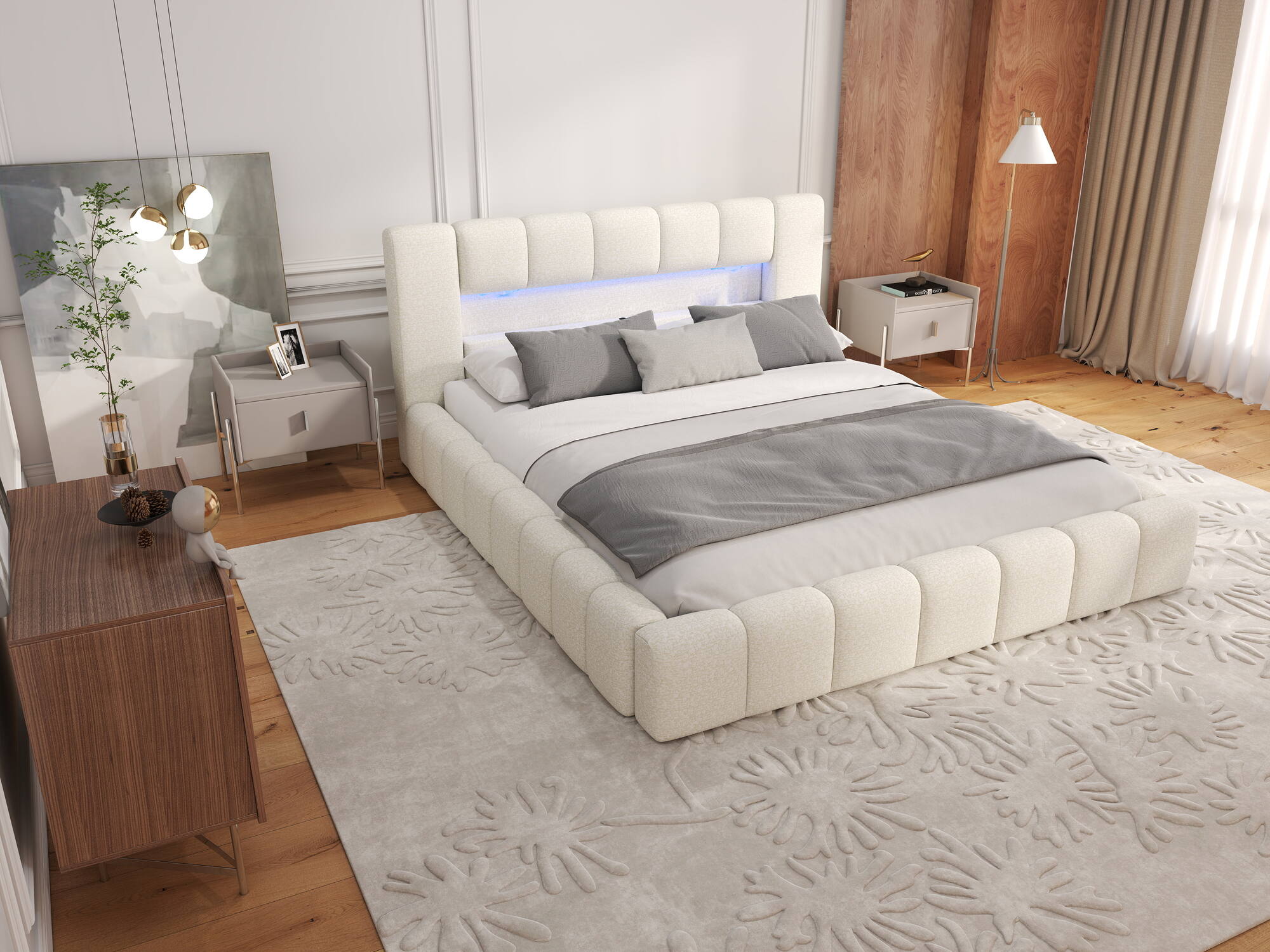 Pat dormitor dumonde, tapitat bej, Palermo 180x200 cm, somiera rabatabila inclusa, spatiu depozitare