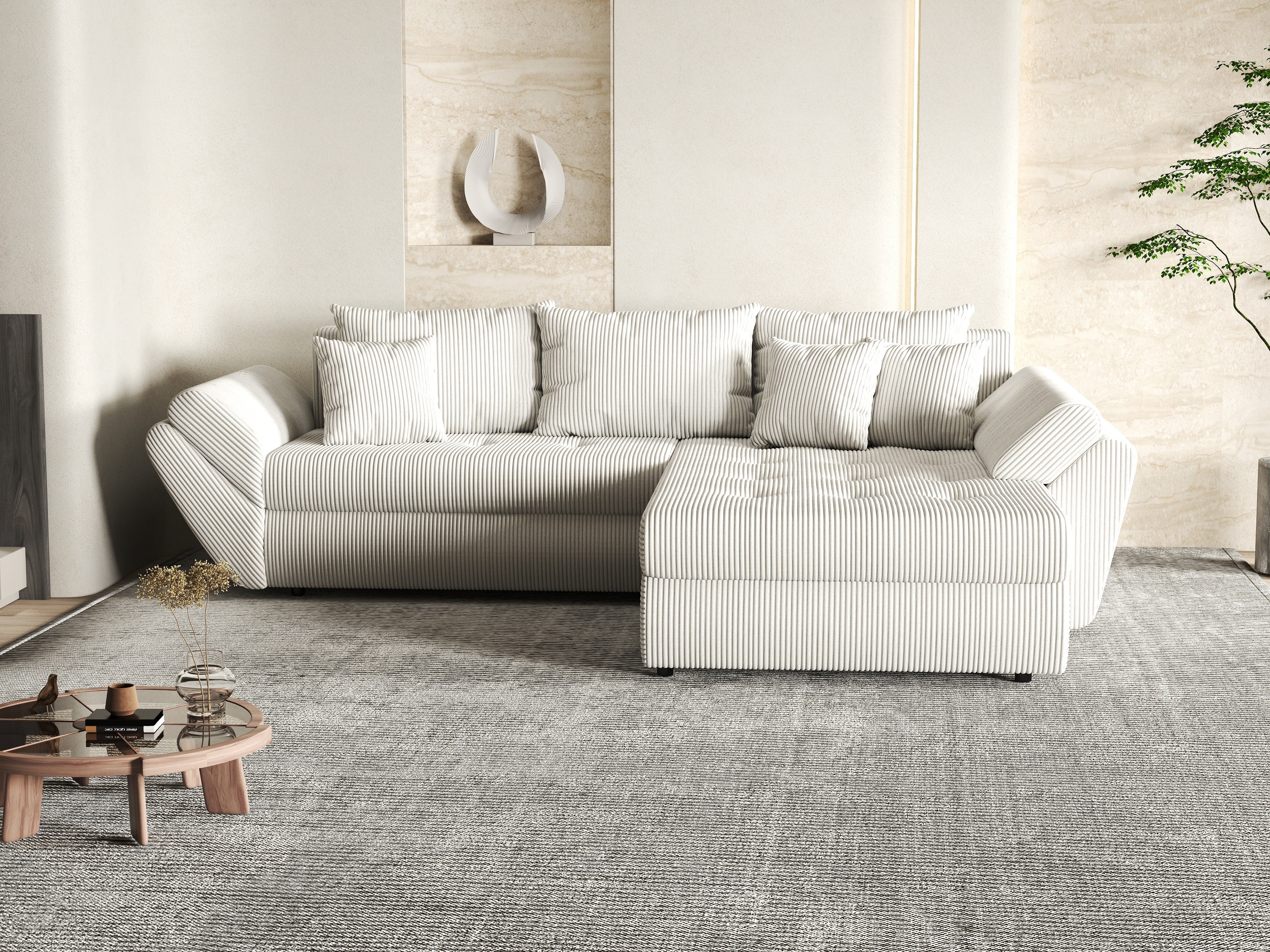 Colțar extensibil dumonde cu ladă de depozitare si sezut confortabil din spuma HR, Loana Zoom Crem II 270x185 cm Fabrica