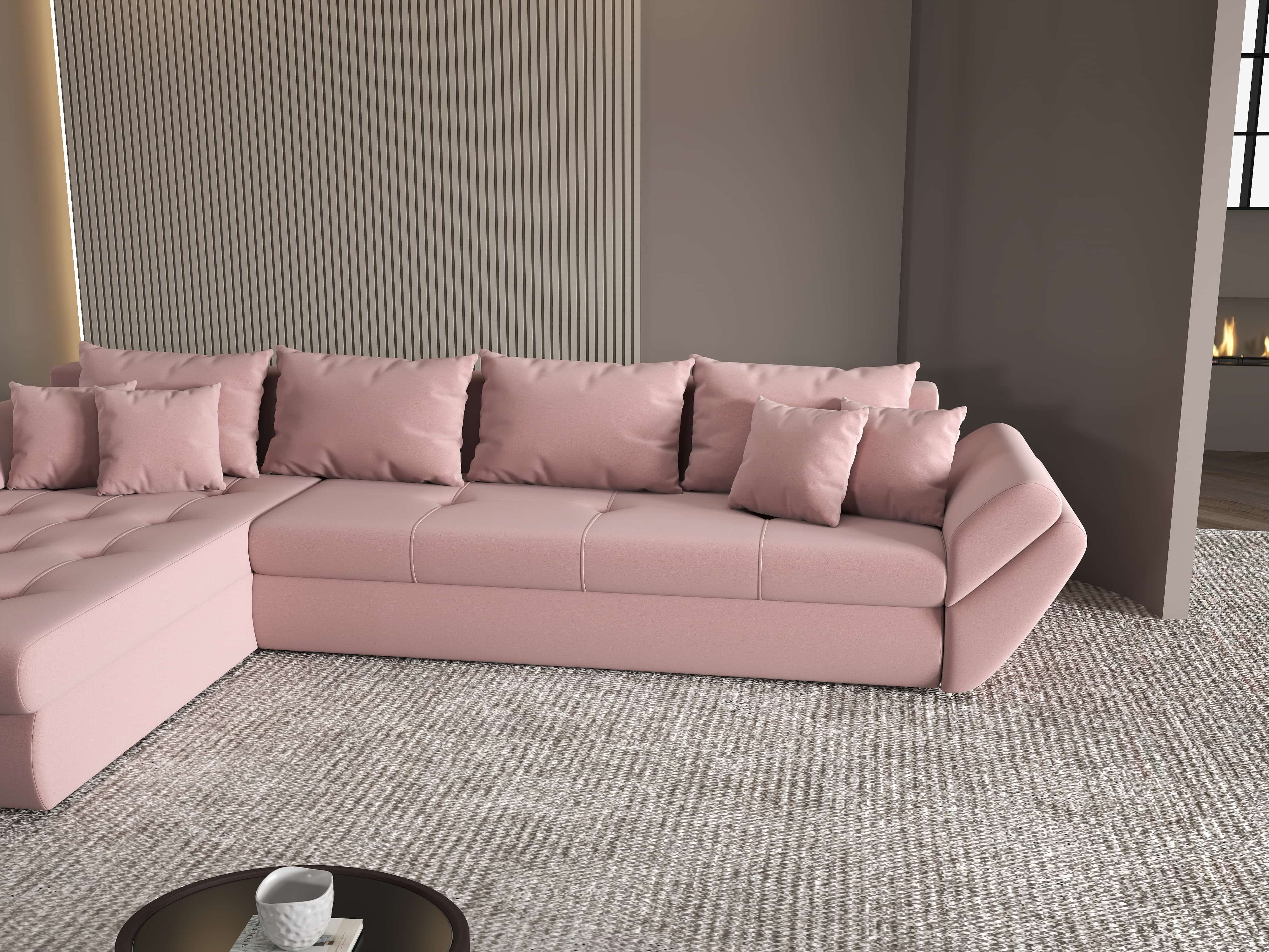 Colțar extensibil dumonde cu ladă de depozitare si sezut confortabil din spuma HR, Loana XL Royal Roz 335x185 cm Fabrica