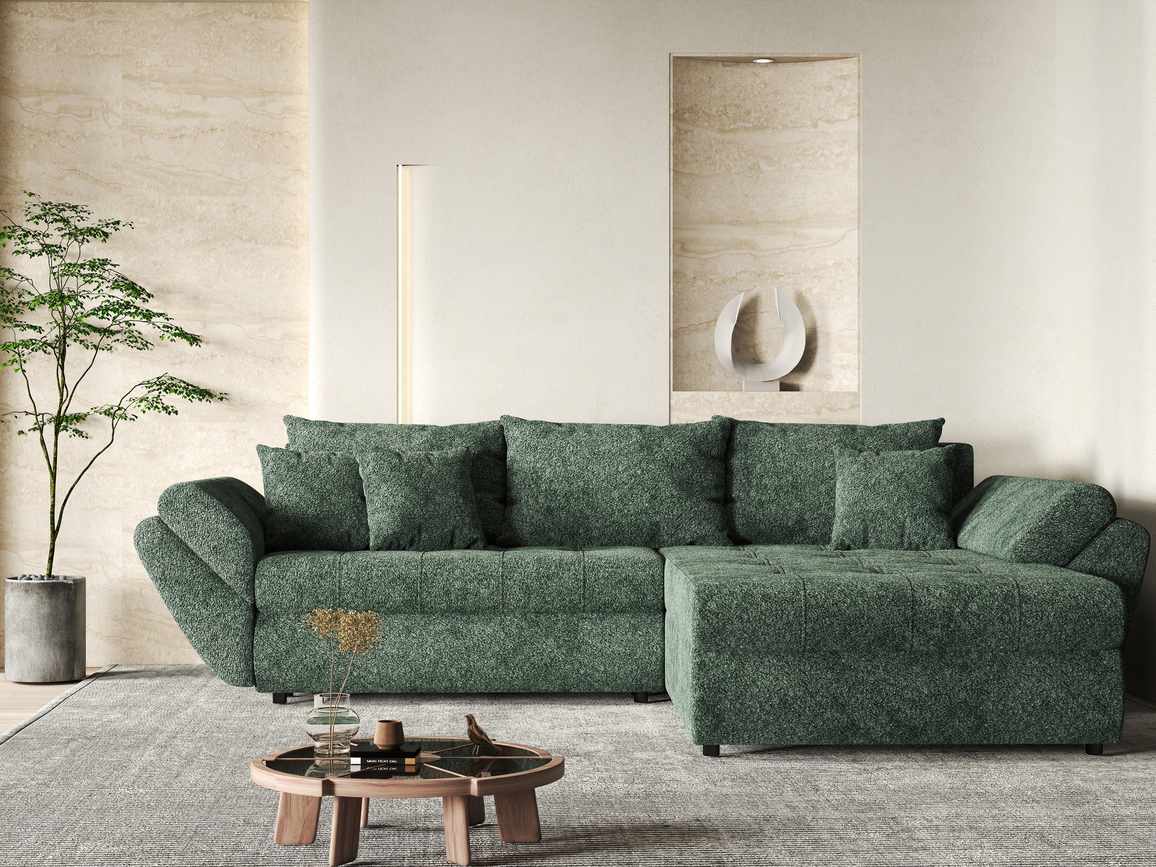 Colțar extensibil dumonde cu ladă de depozitare si sezut confortabil din spuma HR, Loana Euphoria Green II 270x185 cm Fabrica