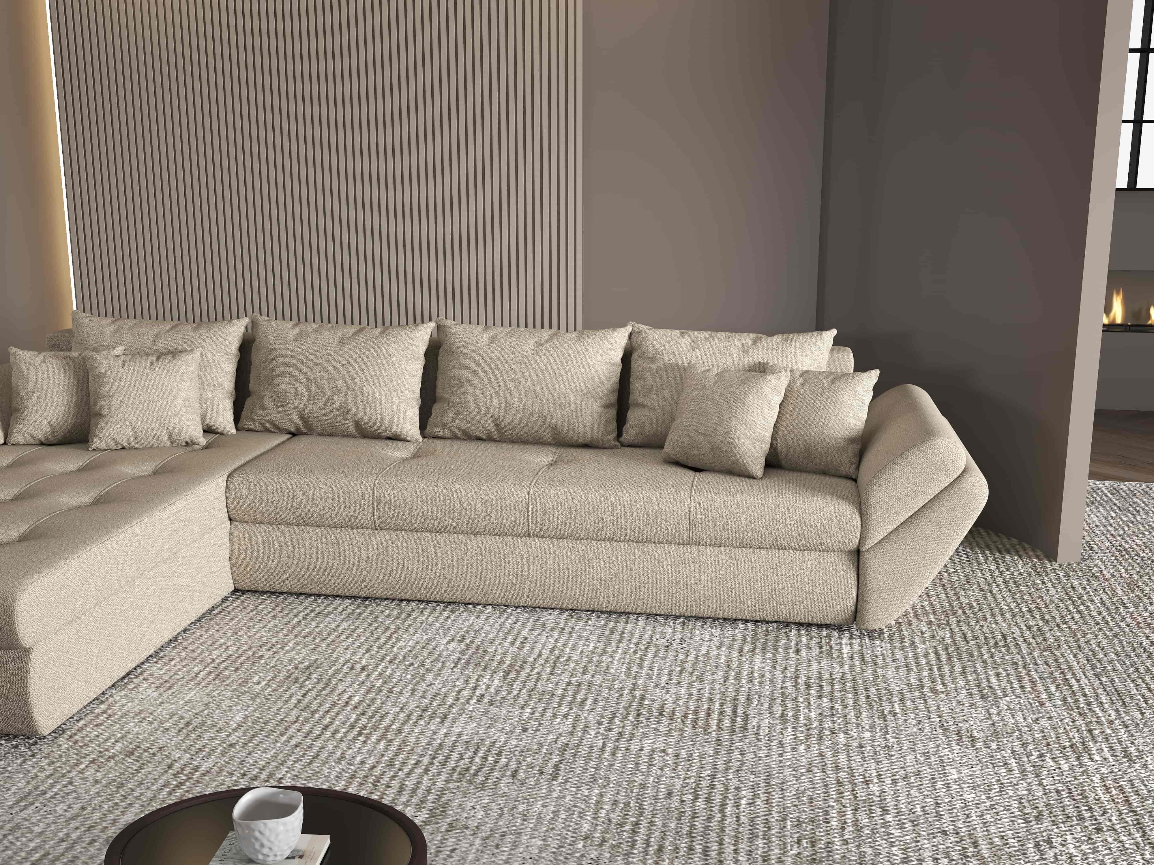 Colțar extensibil dumonde cu ladă de depozitare si sezut confortabil din spuma HR, Loana XL Enjoy Camel 335x185 cm Fabrica